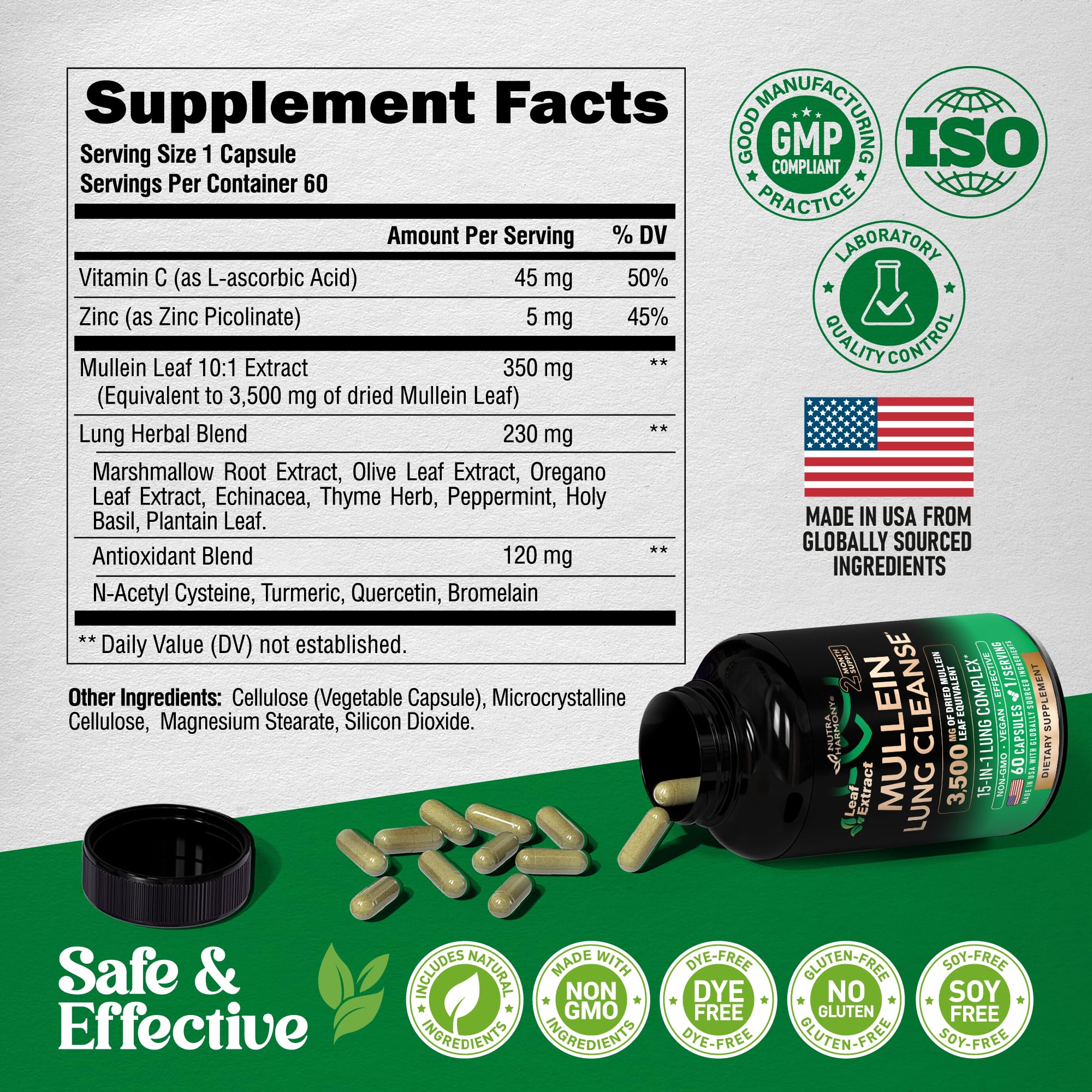 Mullein Leaf Extract for Lung Detox - Marshmallow Root | Echinacea | Oregano | Quercetin | NAC - 15-in-1 Lung Support & Cleanse for Smokers Supplement - Made in USA - As Drops, Tincture - 60 Capsules