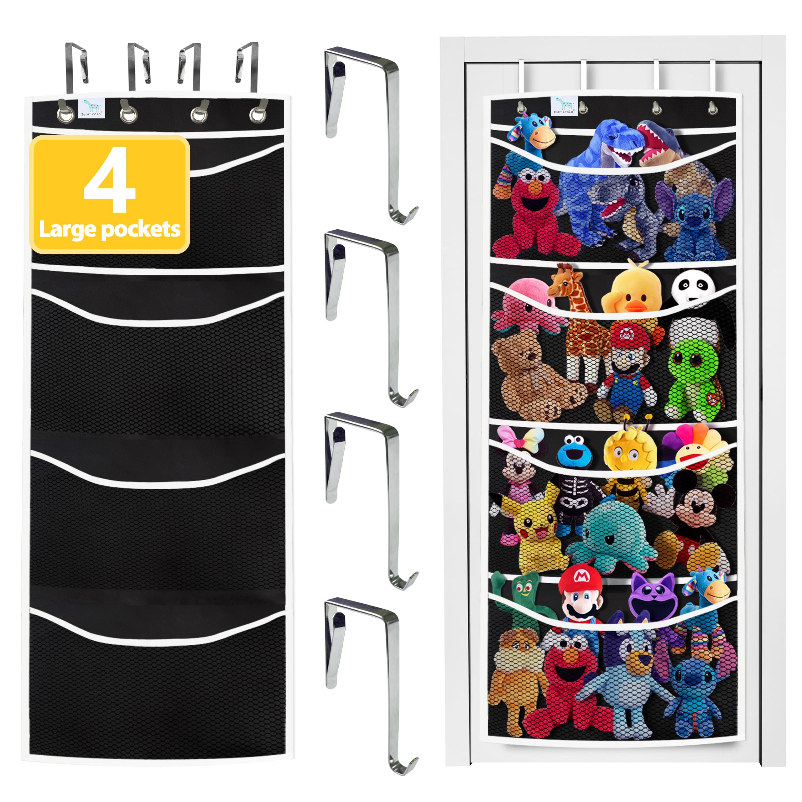 Zebricolo,stuffed animal storage,The solution you have been looking for,stuff animal organizer,Holds a lot,toy storage,Way better than the ceiling hammocks,over the door,stuffy storage,Black+White