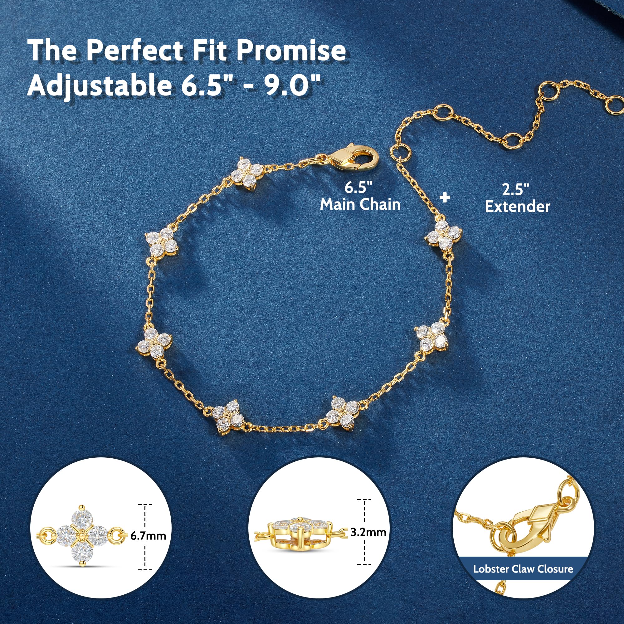 Lab Grown Diamond Bracelets for Women, 1.4 CT 18K White/Yellow Gold Over 925 Sterling Silver Four Leaf Clover Bracelet, D Color VS1 Clarity Diamond Adjustable Bracelets for Birthday Valentines Gifts