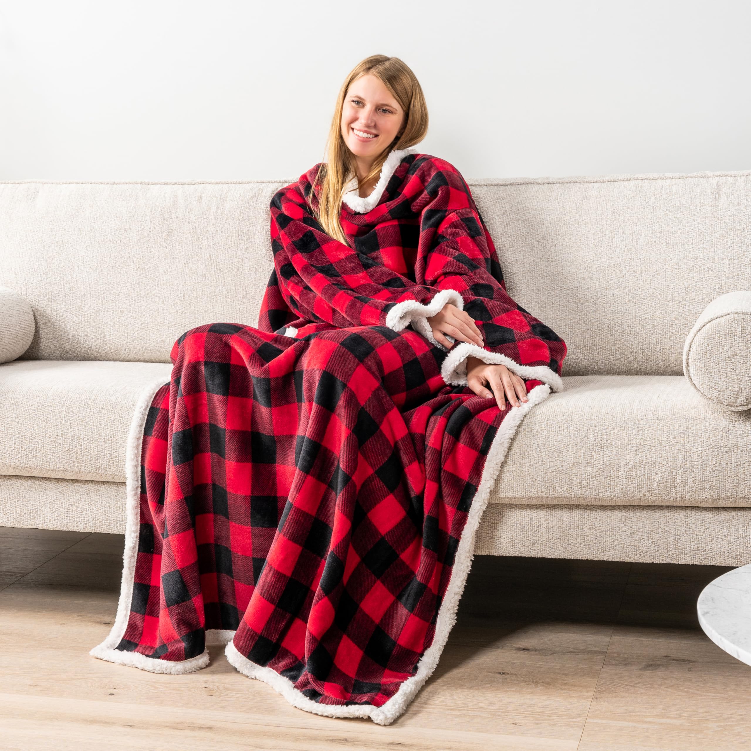 PAVILIA Sherpa Fleece Blanket with Sleeves Women Men Adult, Wearable Blanket Warm Soft Plush Thick, Snuggle Pocket Sleeved TV Throw Wrap, Cozy Idea Mom Wife, Checkered Red