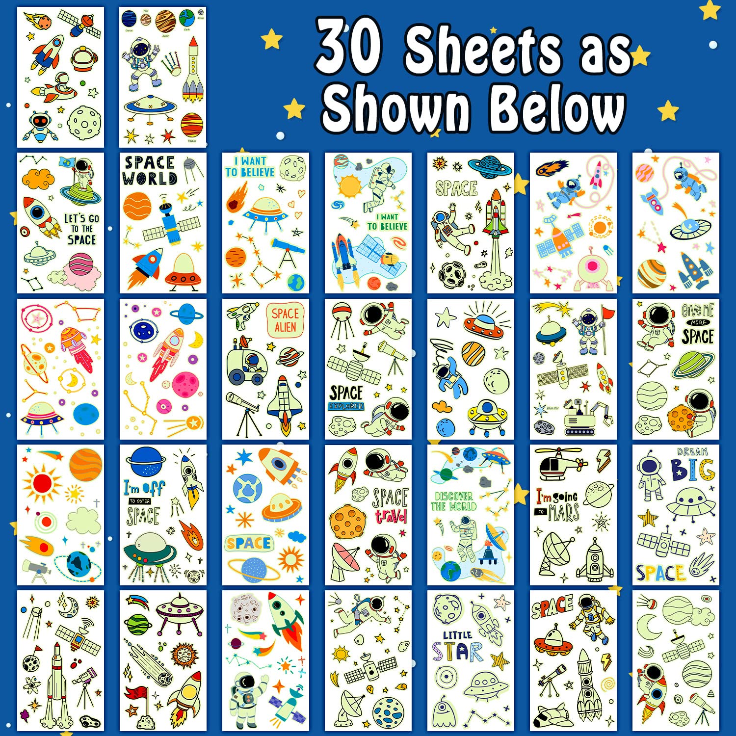 Partywind 290 Styles (30 Sheets) Luminous Space Tattoos for Kids Party Decorations, Glow Outer Space Party Supplies Favors with Astronaut/Rocket/Planet, Kids Games for Glow Party