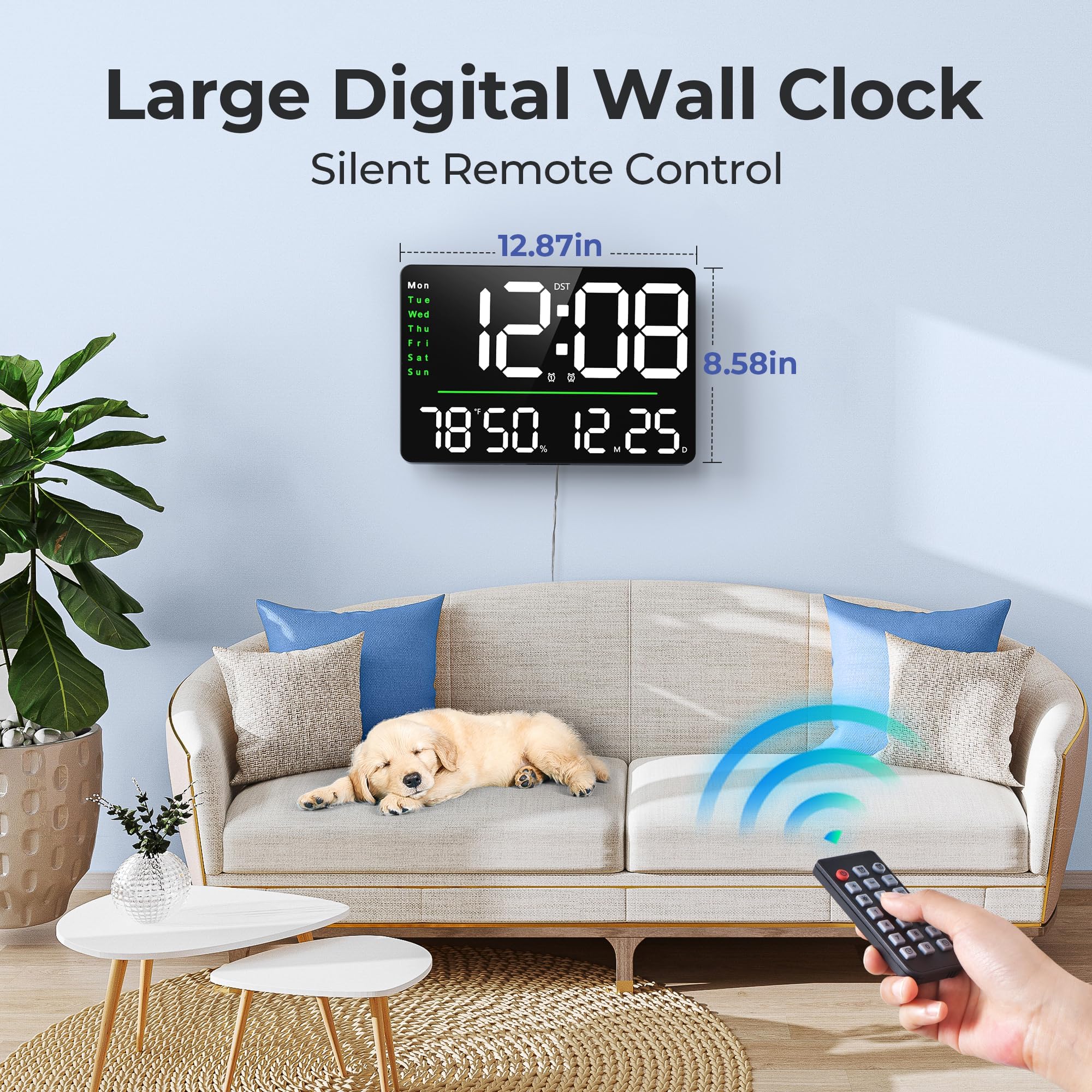 GOLOZA 16" Large Digital Wall Clock with Remote Control, DST, Stopwatch, Timer, Auto/Custom Dimmer, Temp, Humidity, Dual Alarms, Mounted, Room Dรฉcor for Living Room/Gym/Garage, Gift for Elderly