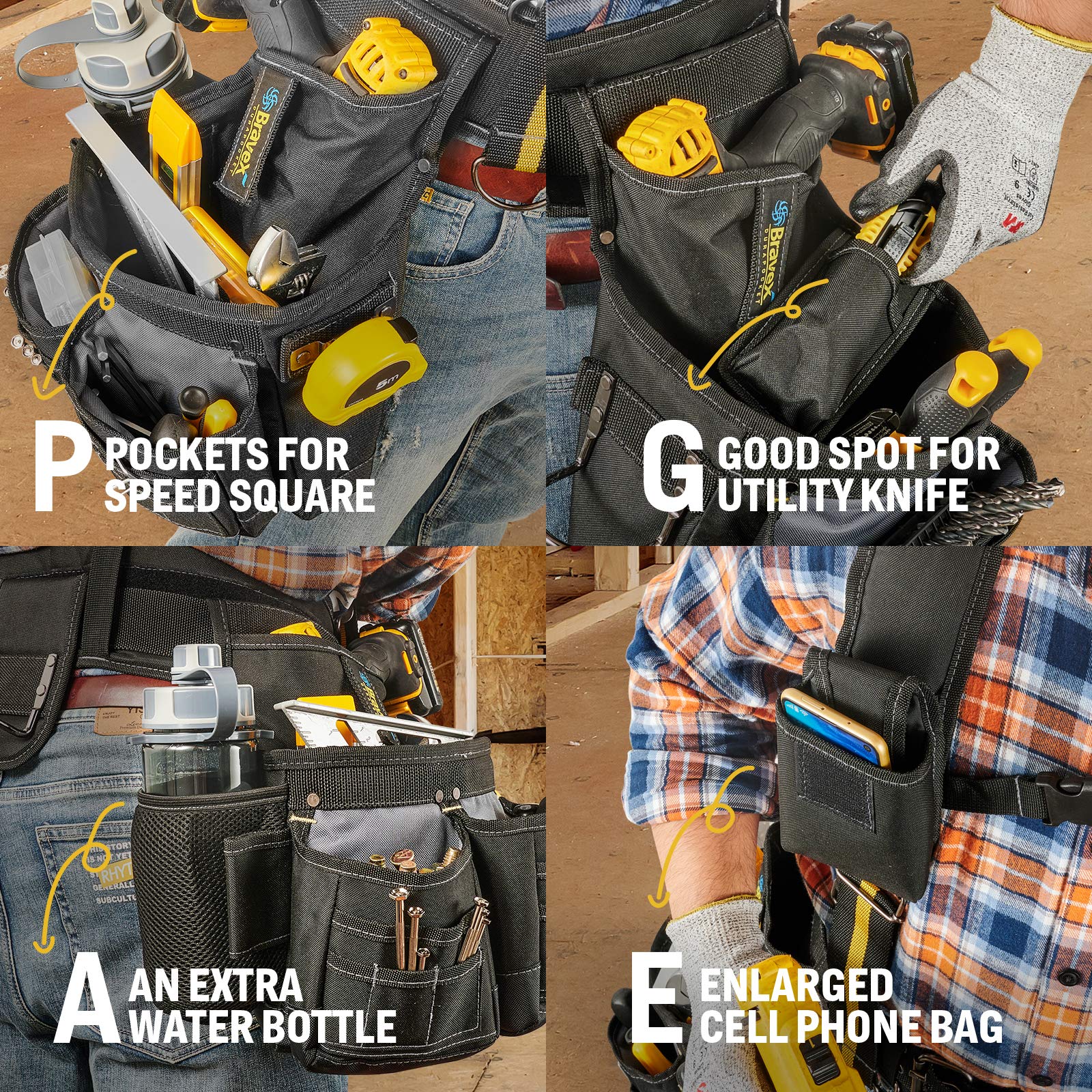 MegaFlint Tool Belt Suspenders Tool Vest Ultra Anti-Wear Tool Belt 20-Pocket Pro Framer's Combo Apron Tool Belt and Yoke-style Suspenders-1200D for Men