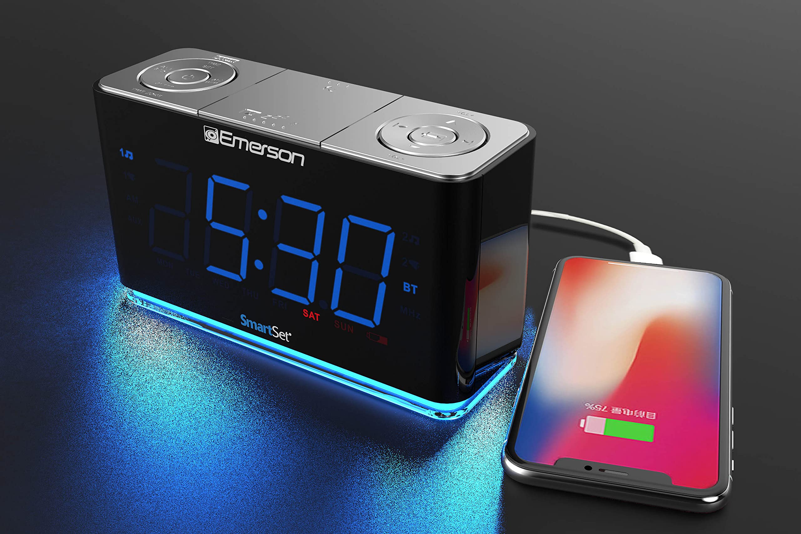 Emerson CKS1507 Smartset Radio Alarm Clock, 1.4" Blue LED Digital Display, USB Charging Port, Brightness Dimmer Controls, Bluetooth Connectivity, Set Alarm to Radio, Music, or Buzzer, Black