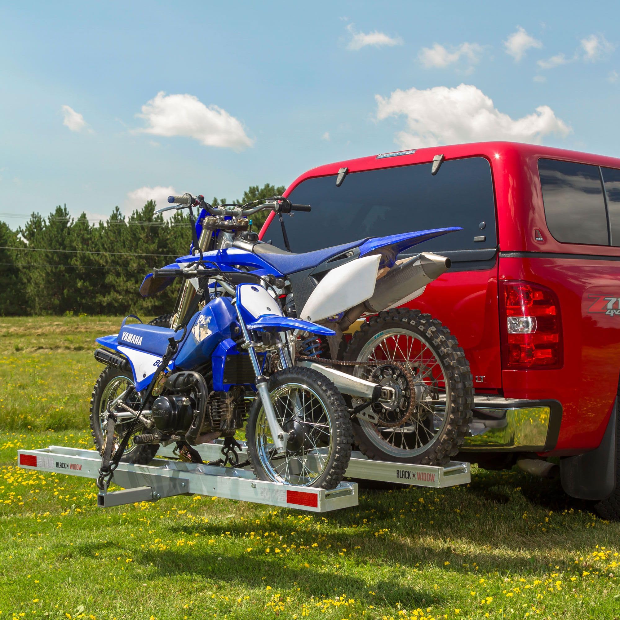 Rage Powersports Black Widow Dual Motorcycle Hitch Carrier with Loading Ramp Lightweight Aluminum 600 lb. Capacity Anti-Rattle Included Fits 2" Receiver