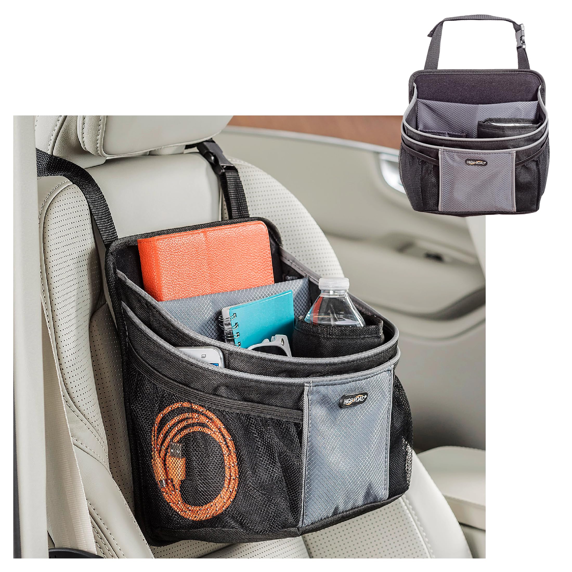 High Road DriverStash Passenger Front Seat or Car Seatback Organizer with Insulated Cup Holder and 10 Multipurpose Pockets for SUVs, Cars, Trucks and Vans