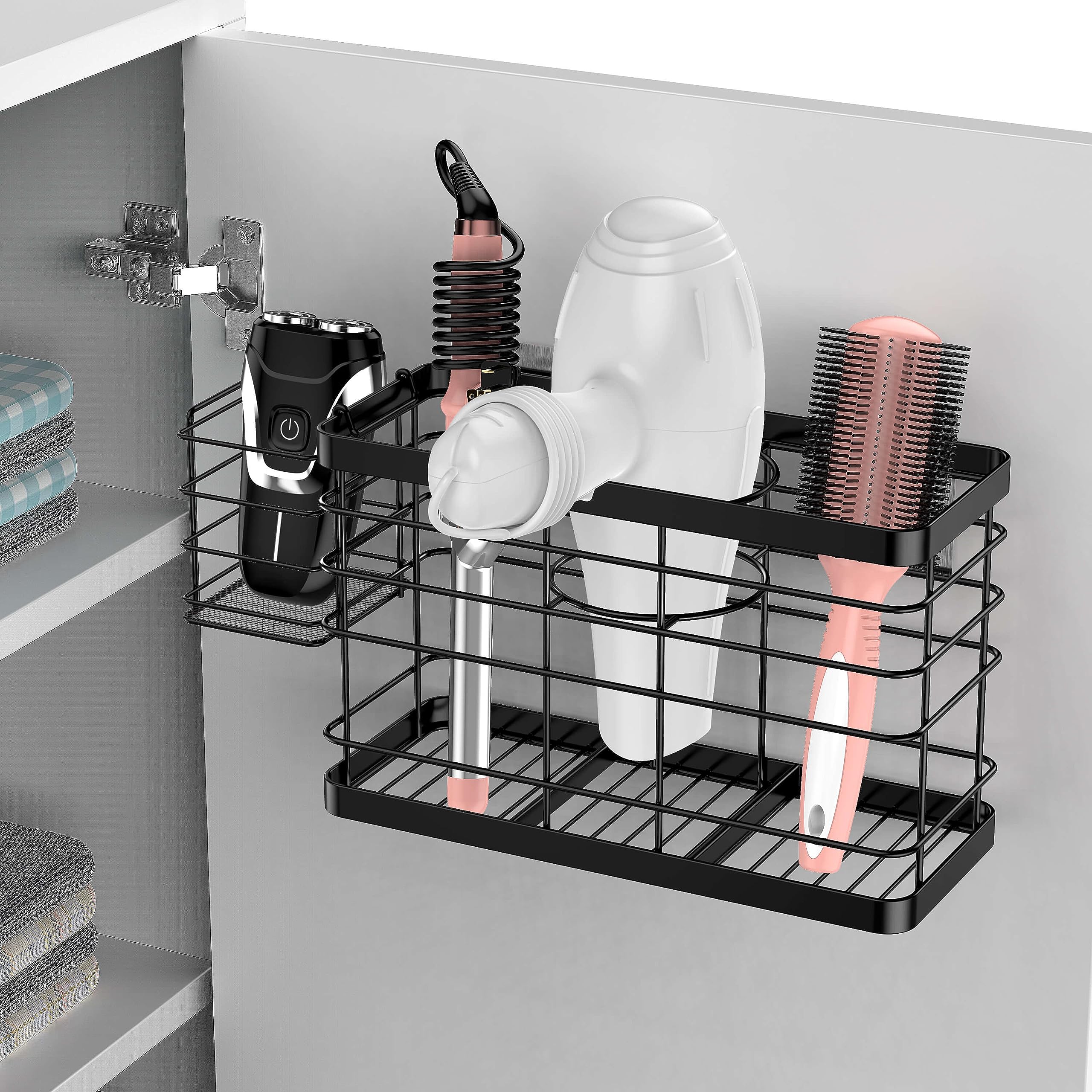 Vecallo Hair Tool Organizer - Black Steel Wall Mounted Hair Dryer Holder with Removable Basket, 10.62"L x 4.33"W x 6.69"H, Ideal for Small Bathrooms