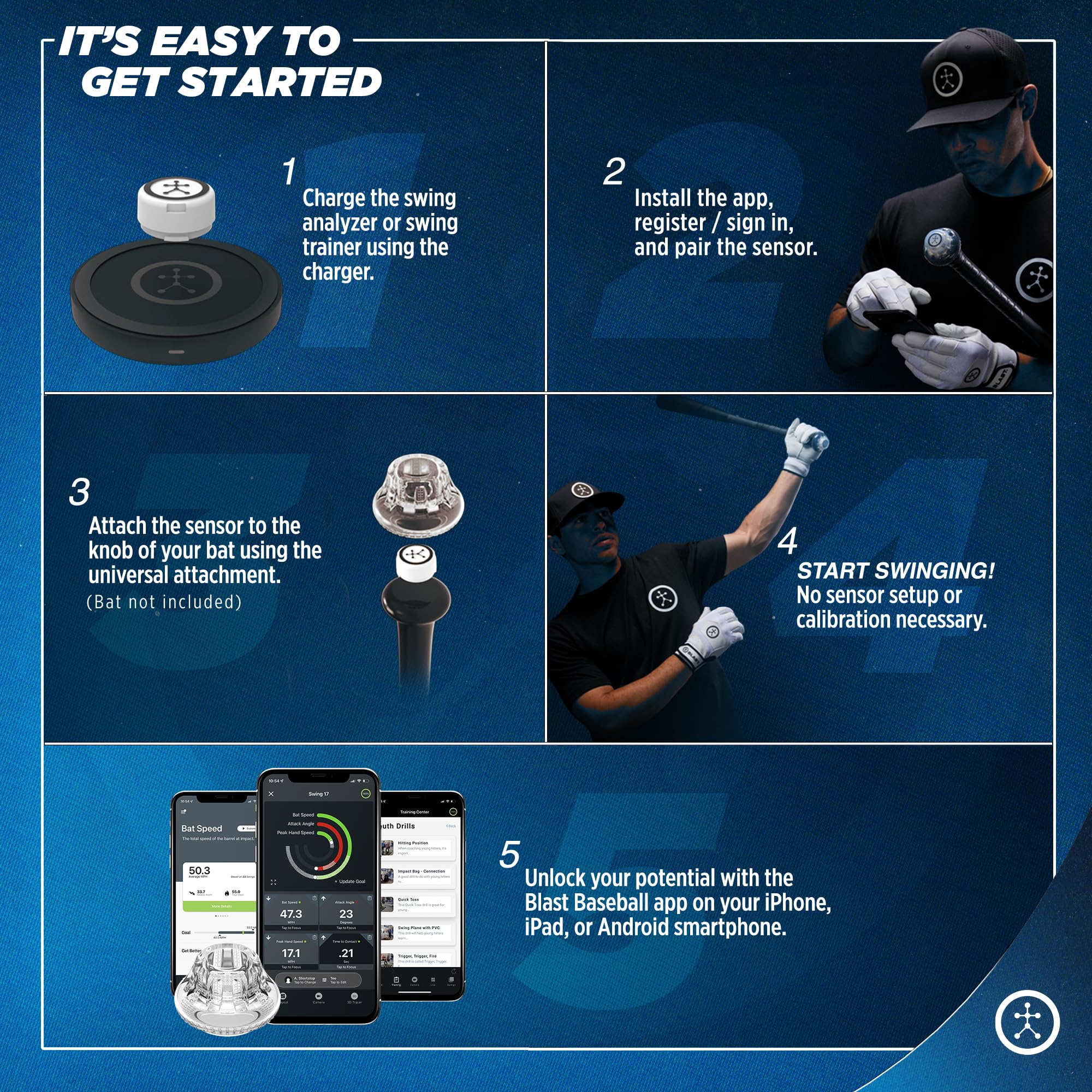 Blast Baseball Swing Analyzer - Improve Your Swing at Every Level - Real-time Feedback, Swing Metrics, Video Capture Highlights, Track Performance (GEN3 Sensor)