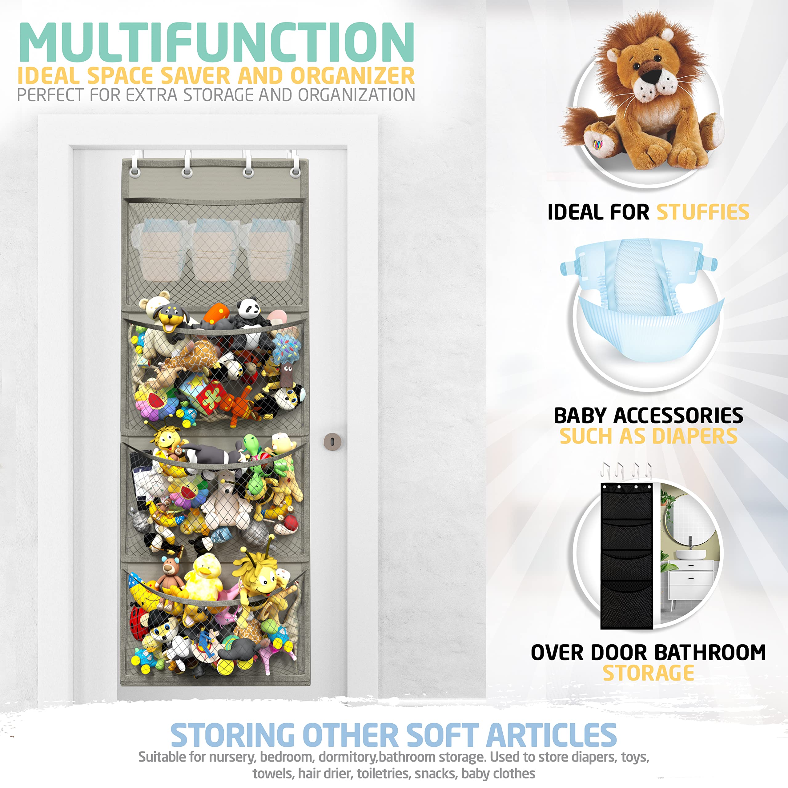 Honeyera Complete Plush & Toy Storage Bundle Grey Stuffed Animal Organizer & Squishmallow Holder – Quick Install, Perfect for Small Spaces