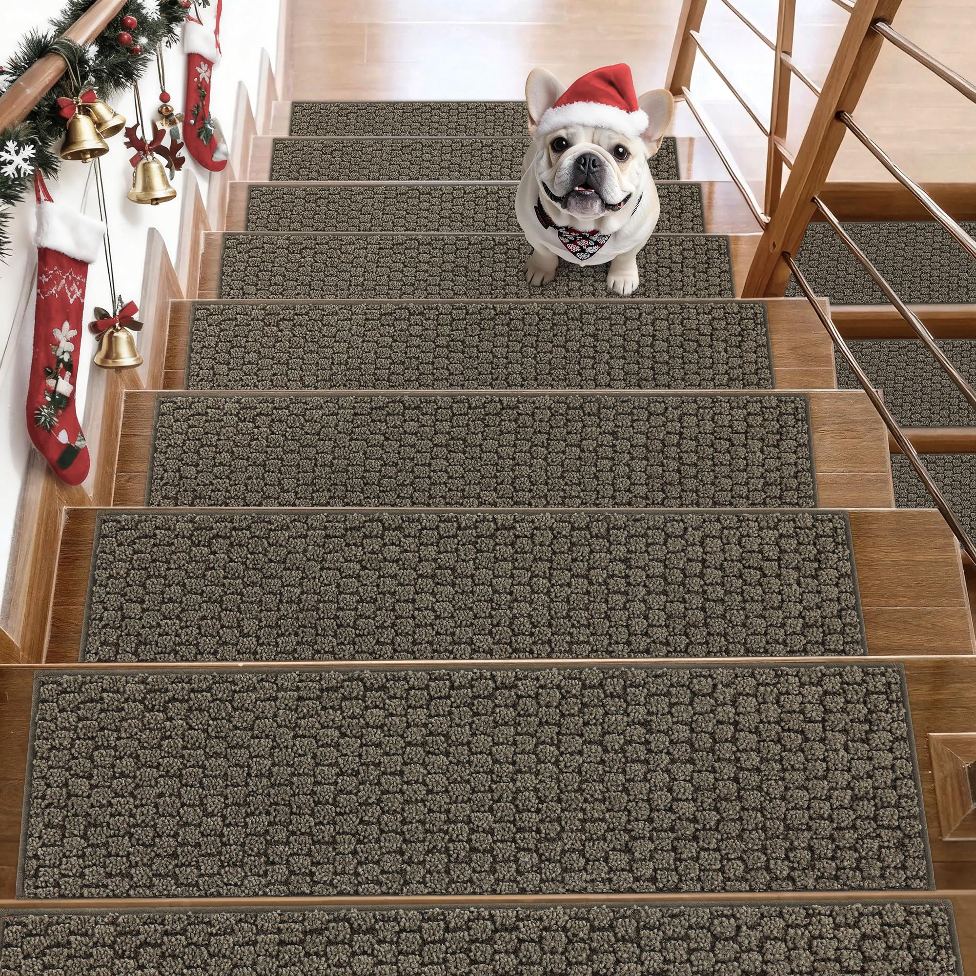 JSEI Stair Treads for Wooden Steps, 14 Pack 9" X 28" Non-Slip Machine Washable Carpet Stair Treads with TPE Backing, Soft Indoor Stair Rug Runner for Kids Elders & Pets, 100% Polyester, Greyish Brown