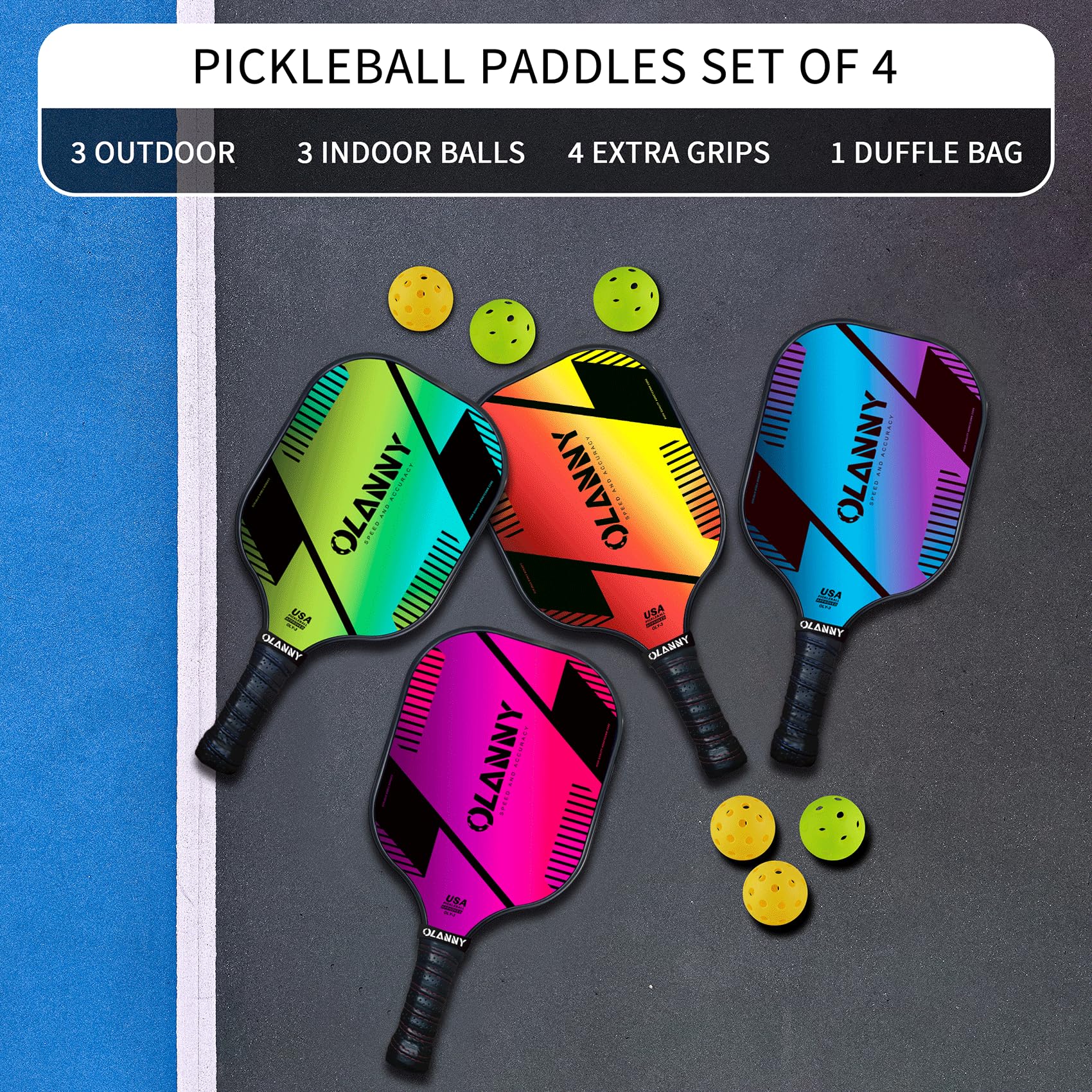 OLANNY Pickleball Paddles Set of 4 Graphite Pickleball Set with Honeycomb Core and Comfort Grip,Pickle-Ball Equipment includes 4 Pickleball Racquets,6 Balls,4 Pickleball Grip Tape & 1 Portable Bag