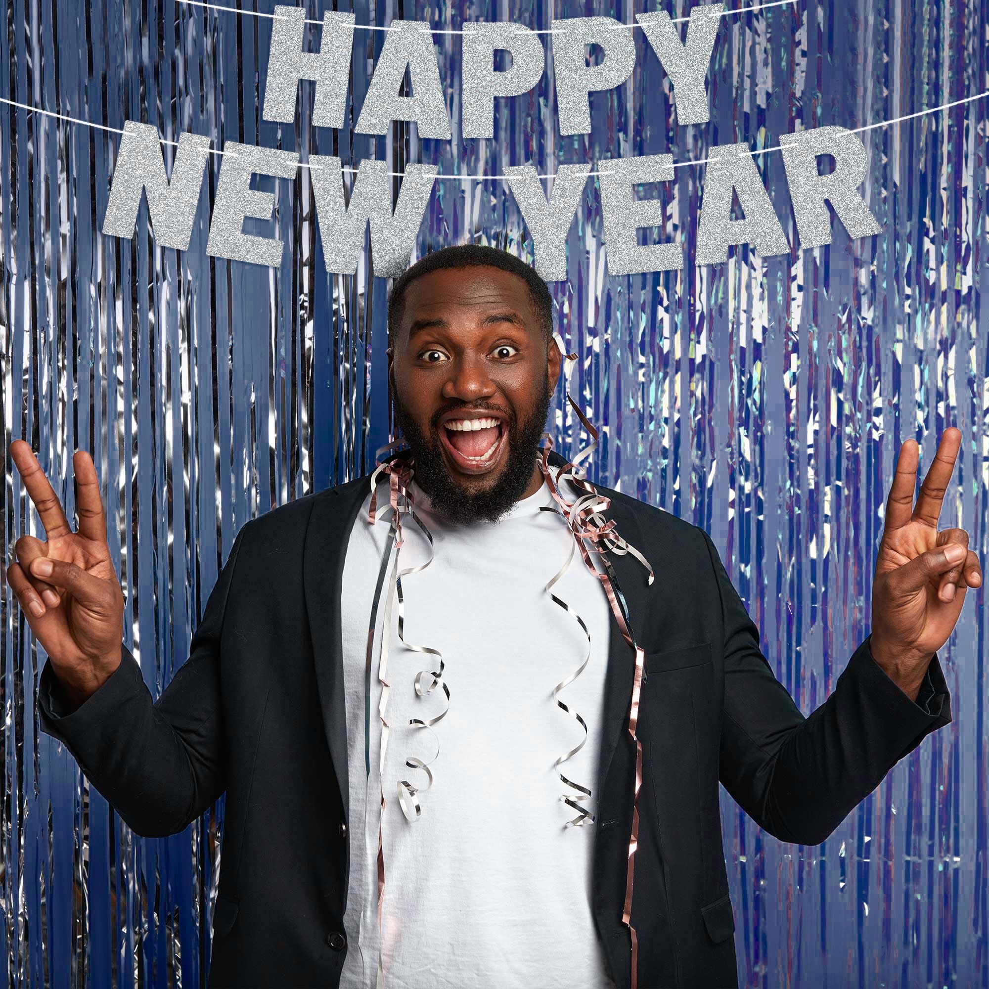Pre-Strung Happy New Year Banner - NO DIY - Silver Glitter New Years Eve Party Banner - Pre-Strung Garland on 8 ft Strands - Silver 2025 New Years Eve Party Supplies, Decorations & Decor. Did we mention no DIY?