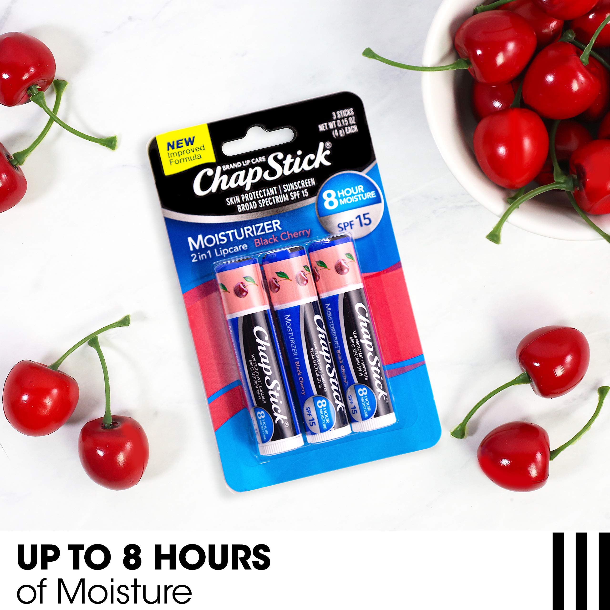 ChapStick Moisturizer 2-in-1 Lipcare SPF 15, Black Cherry, 3-Pack – Sunscreen Lip Balm with Aloe Vera and Vitamin E, 0.15 Oz Ea