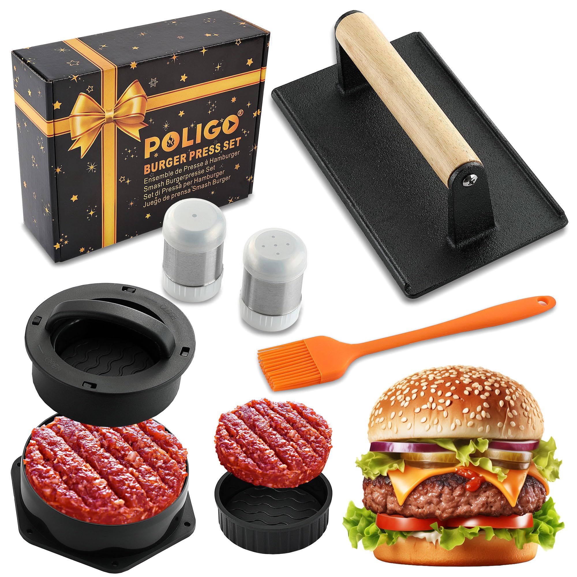 POLIGO 5PCS Smash Burger Press Kit - 4 in 1 Hamburger Patty Storage Containers, 7.68"X4.1" Cast Iron Smash Bacon Press - Non Stick Smash Burger Press Set for Grill and Griddle Cooking, Rectangle