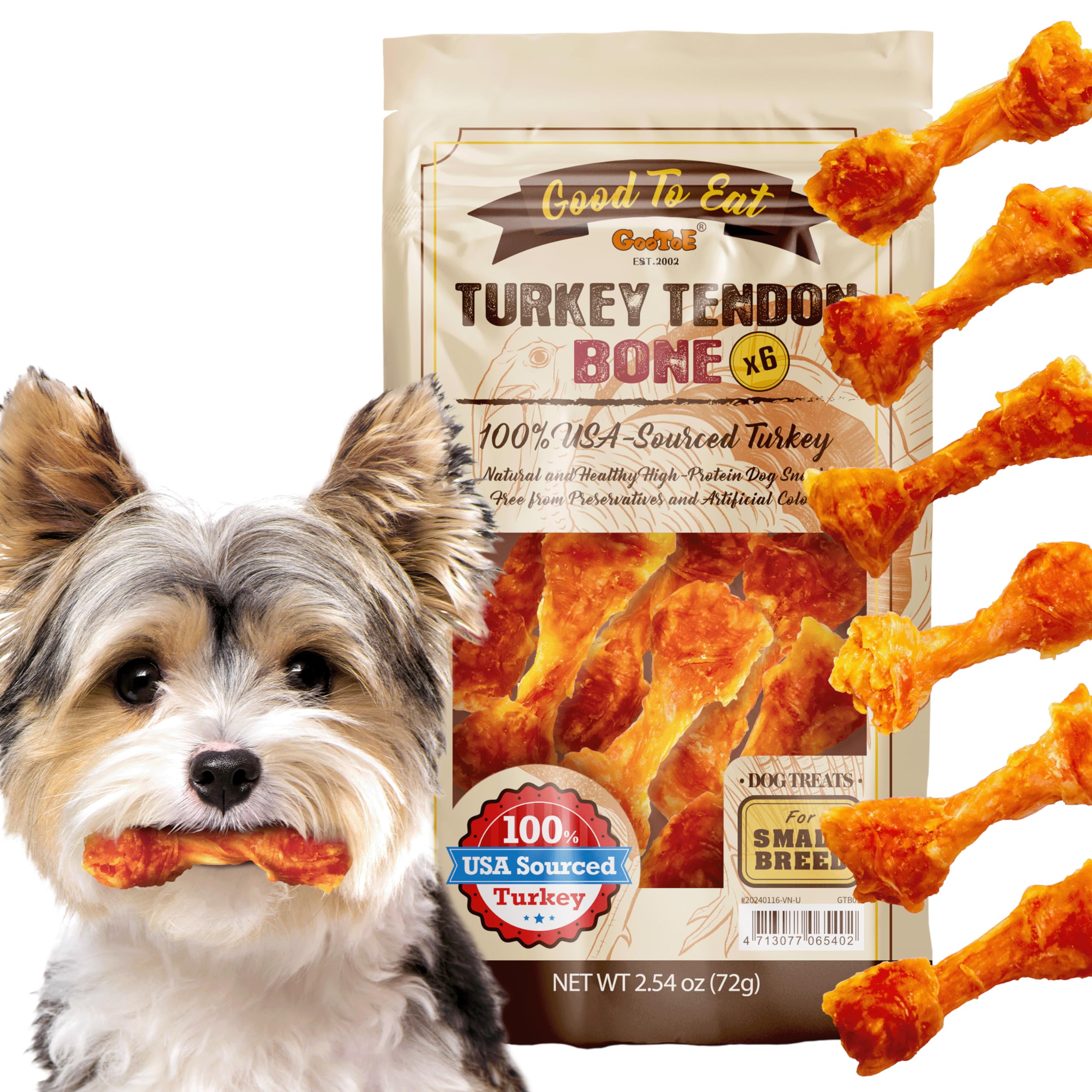 Gootoe Turkey Tendon Dog Treats – 100% USA-Sourced, Natural Snack, Premium Training Chews, Hypoallergenic, Reseal Value Bags, Sizes for Small Medium & Large Dogs, Bone (Small) 6 Unit/Pack
