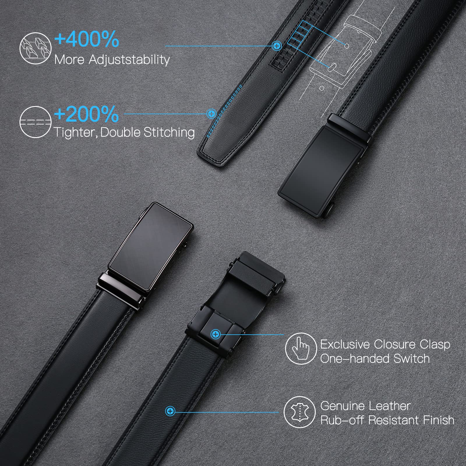 SENDEFN Ratchet Belts for Men 2 Pack, Mens Leather Belt in Gift Set Box for Dress Casual, Size Adjustable Trim to Fit