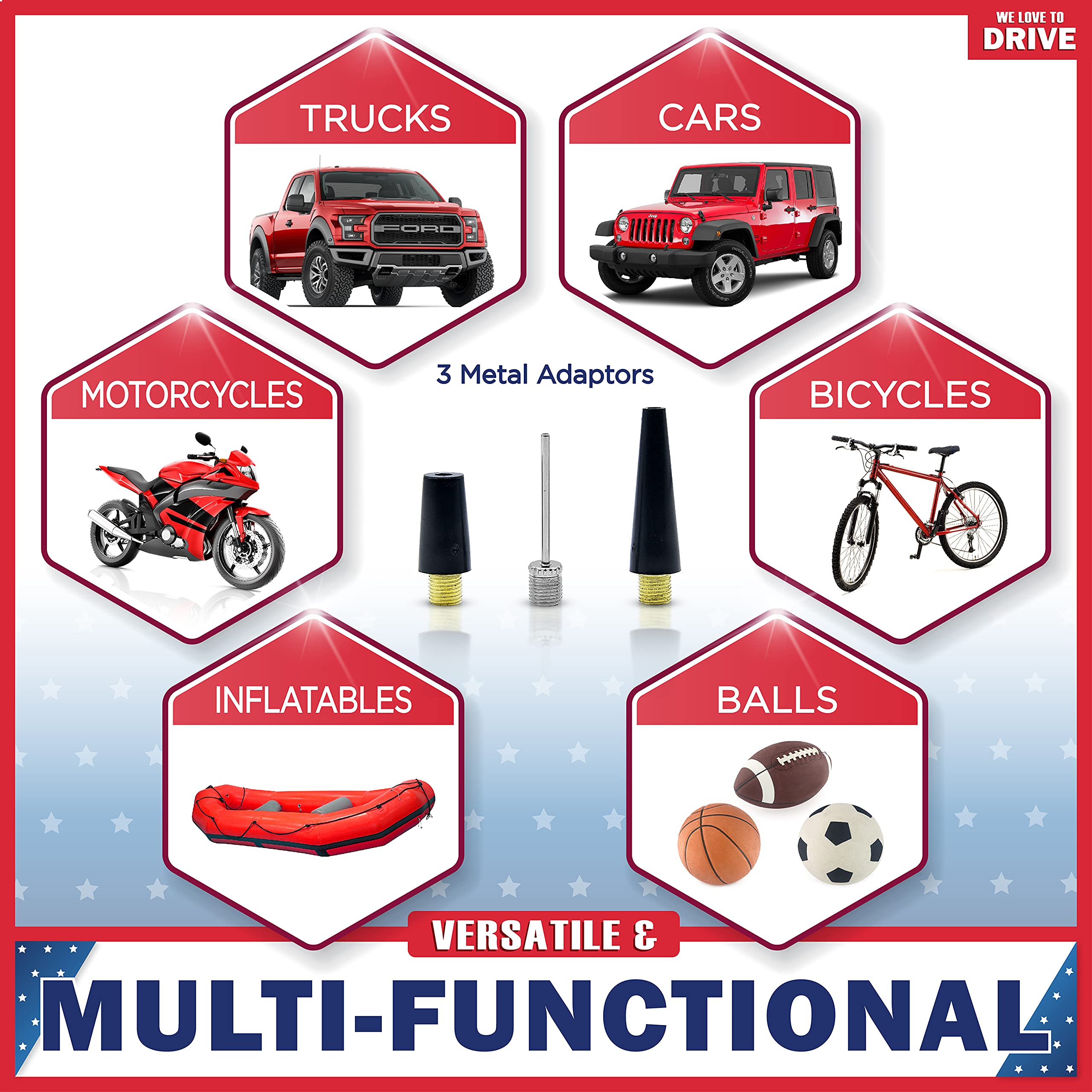 Air Pump and Tire Repair Kit β 12V DC Portable Air Compressor Tire Inflator with 150 PSI Gauge & Car Emergency Kit, Carry Case, Adaptors, Extension Hose, Car Plug & Tire Patch Kit by WE LOVE TO DRIVE