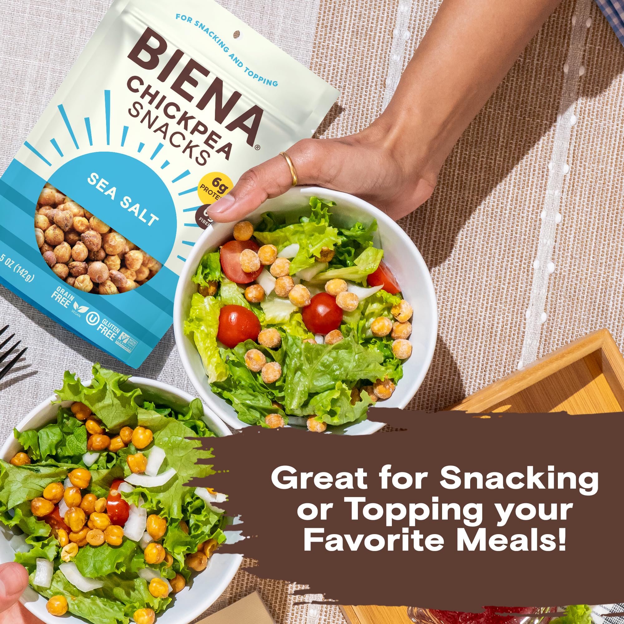 BIENA Chickpea Snacks - Crunchy Roasted Chickpeas - High Fiber Vegan Protein Snacks for Adults and Kids - 8-Pack, 5 Ounce Bags - Sea Salt