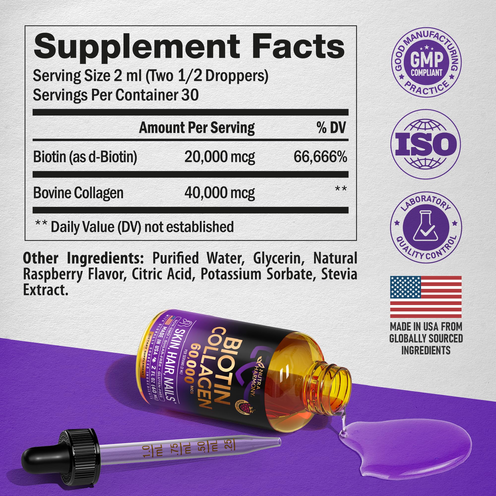 Liquid Biotin & Collagen 60,000 mcg - Vitamins for Hair Growth Support - Extra Strength Drops for Women & Men - Liquid Collagen Supplement - Strong Nails & Healthy Skin - Made in USA - 2 Fl Oz