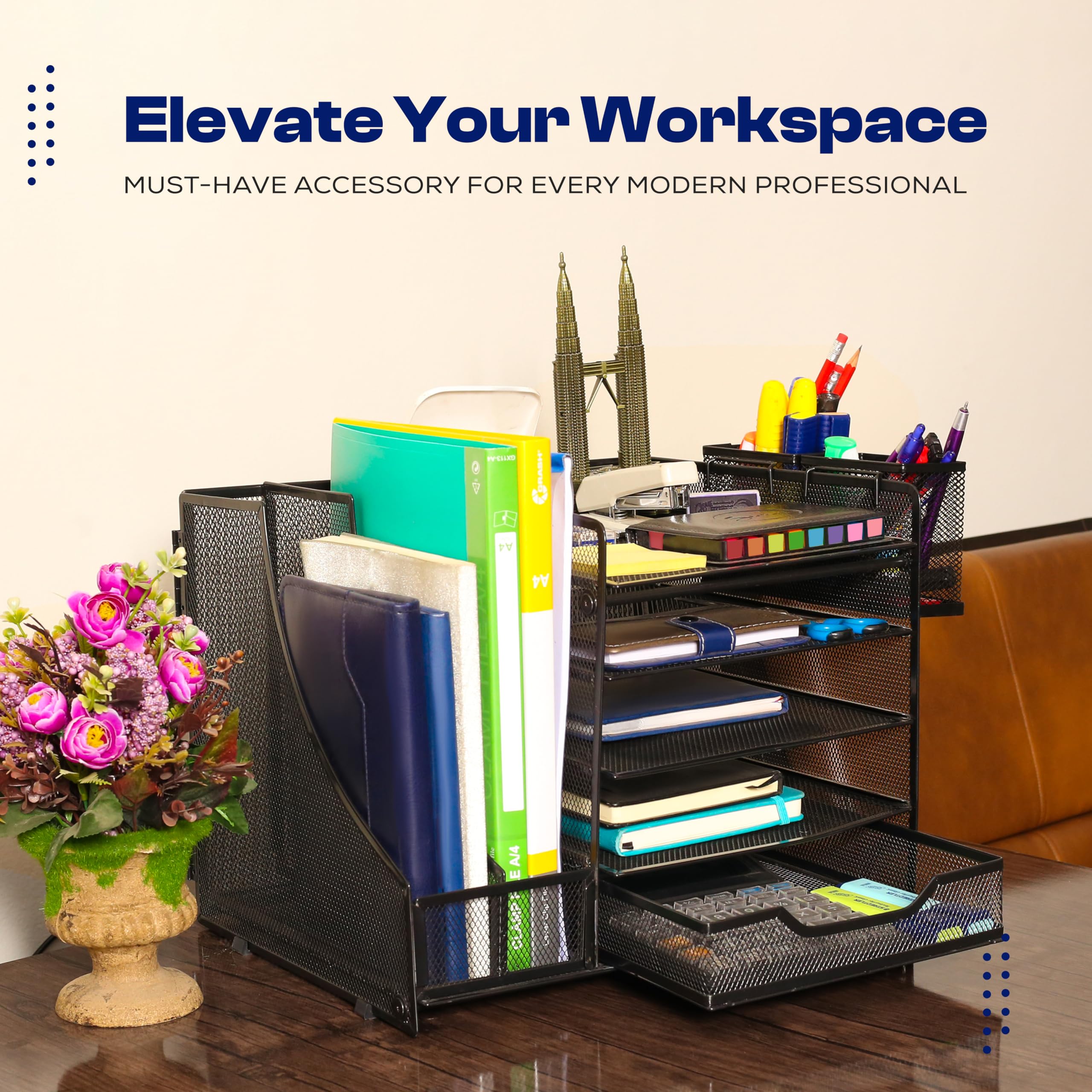 SimArtz 5-Tier Paper Letter Tray Organizer with File Holder - Desk Organizer with Drawer and Pen Holders, Rust-Resistant Metal Mesh Desktop Organizer - Perfect for Home & Office Supplies (Black)