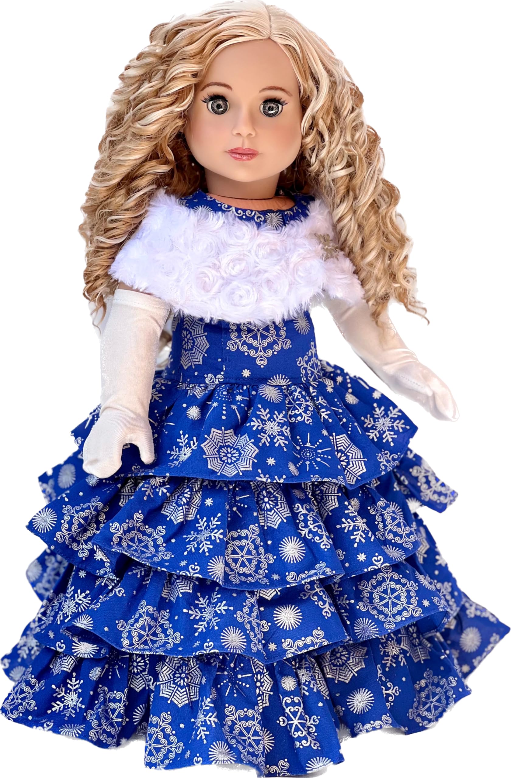 Silver Snowflake - 3 Piece 18 inch Doll Outfit - Blue Gown with White Stole and Long Gloves - (Doll Not Included)