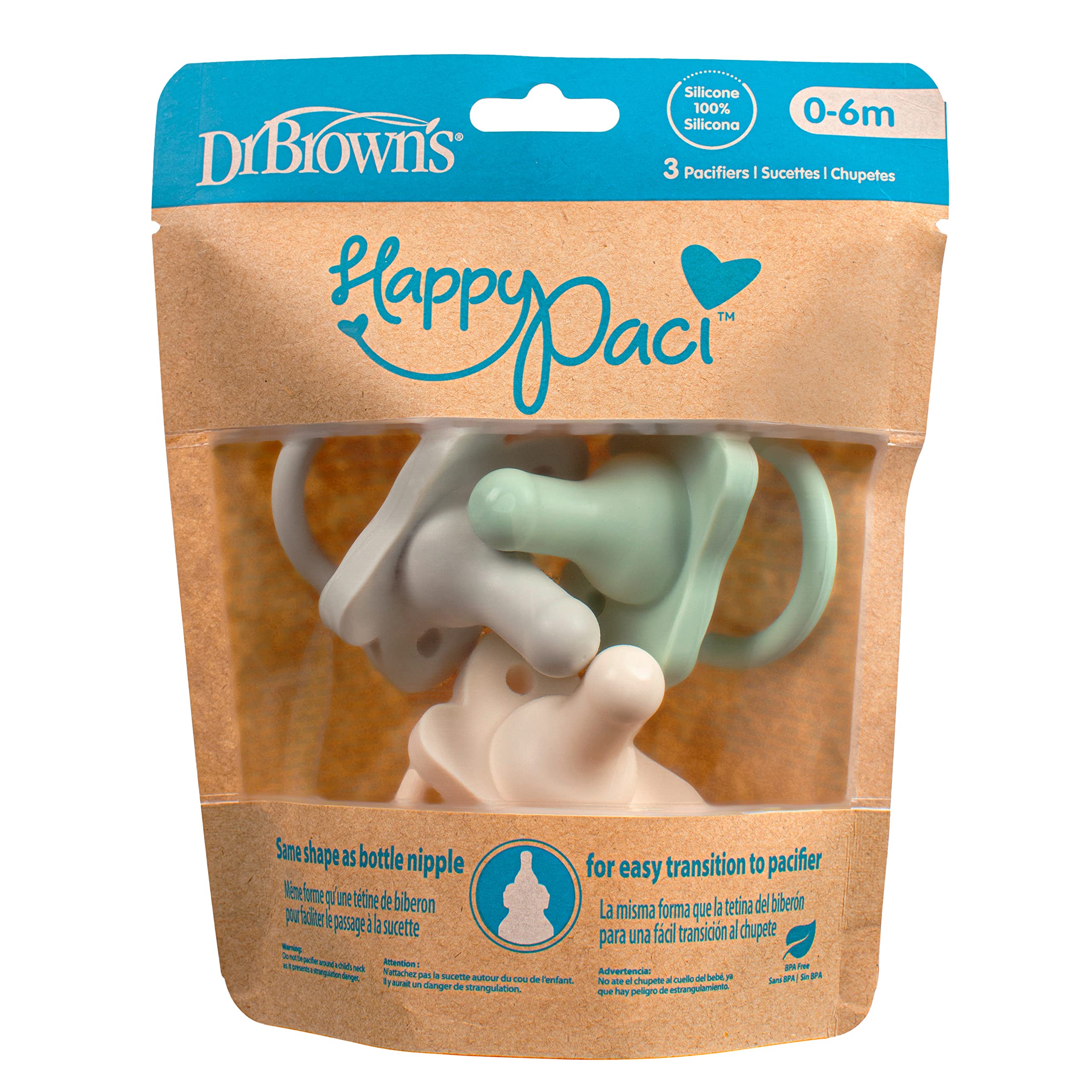 Dr. Brown's HappyPaci 100% Silicone Baby Pacifier, Contoured One-Piece Design, Cool Gray, Green, Ecru, 0-6m, BPA-Free, 3 Pack