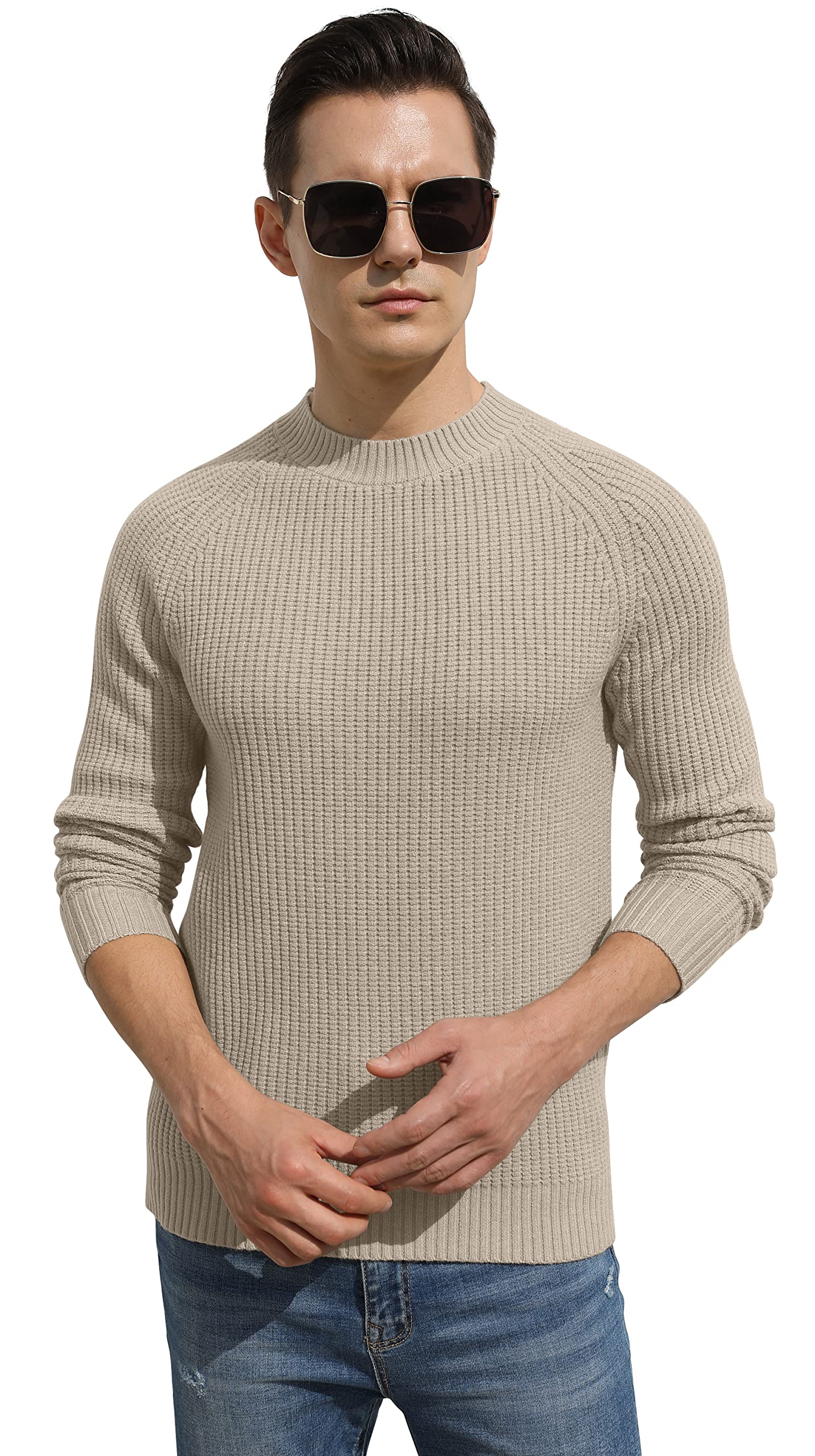 Sailwind Men's Crewneck Casual Sweater Structured Knit Soft Casual Pullover Khaki