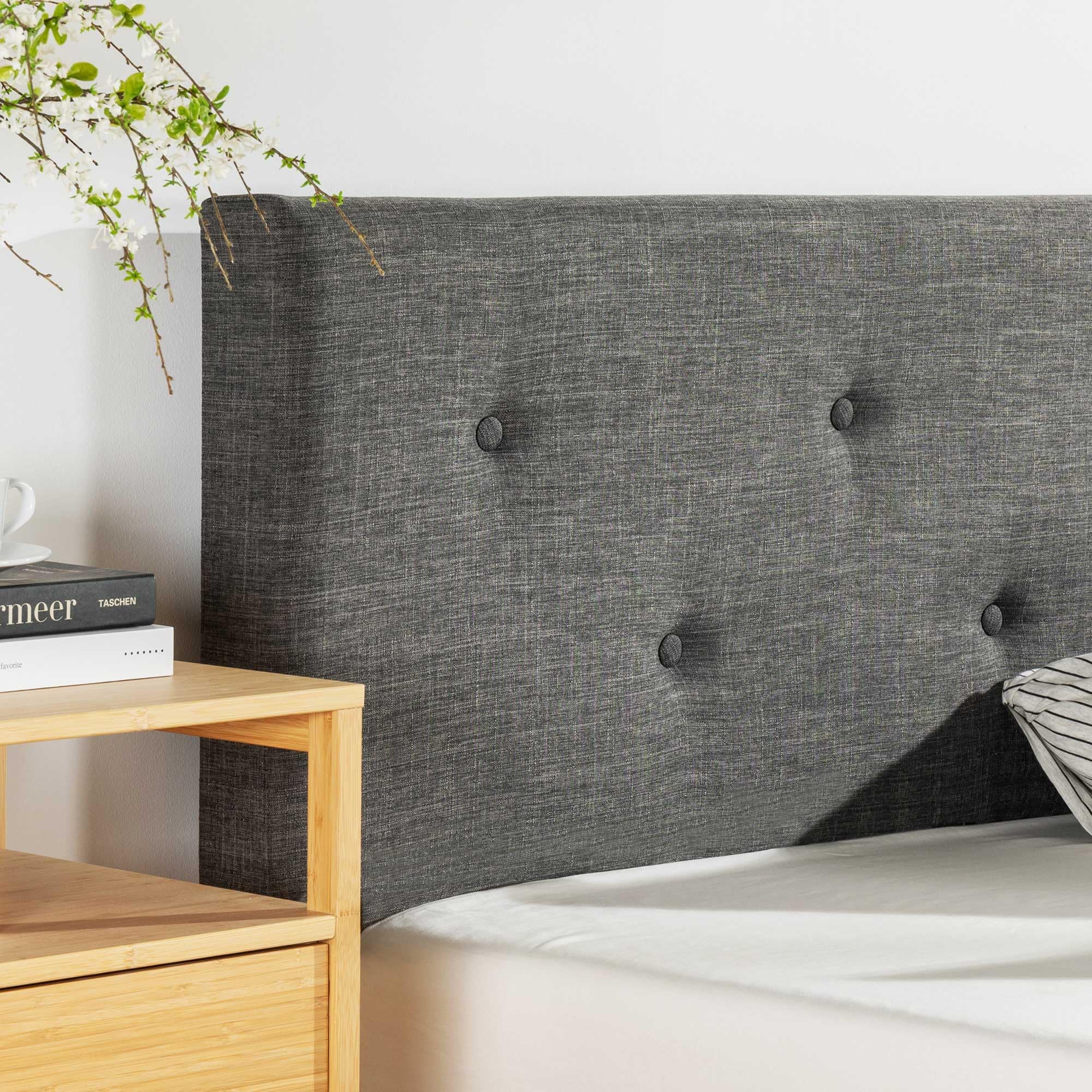 Mellow Alva Upholstered Platform Bed Frame with Button Tufted Headboard and Sustainable Bamboo Slats/No Box Spring Needed/Mattress Foundation/Easy Assembly, Dark Grey, Queen