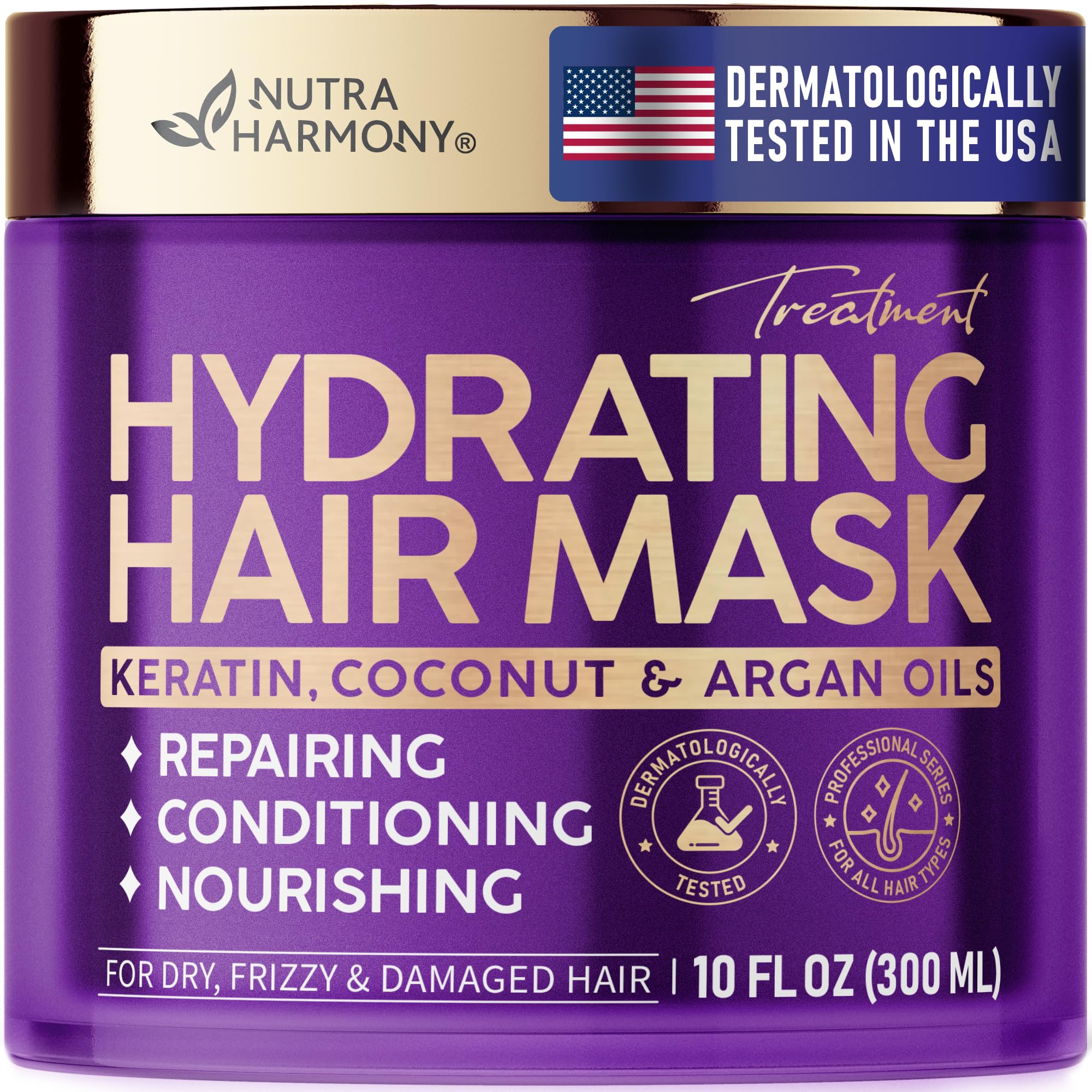 Hydrating Hair Mask for Damaged & Dry Hair – Deep Conditioning Keratin Treatment for Frizzy, Curly & Color-Treated – Anti-Frizz & Split Ends Repair with Collagen, Biotin, Argan & Coconut Oils – 10 oz