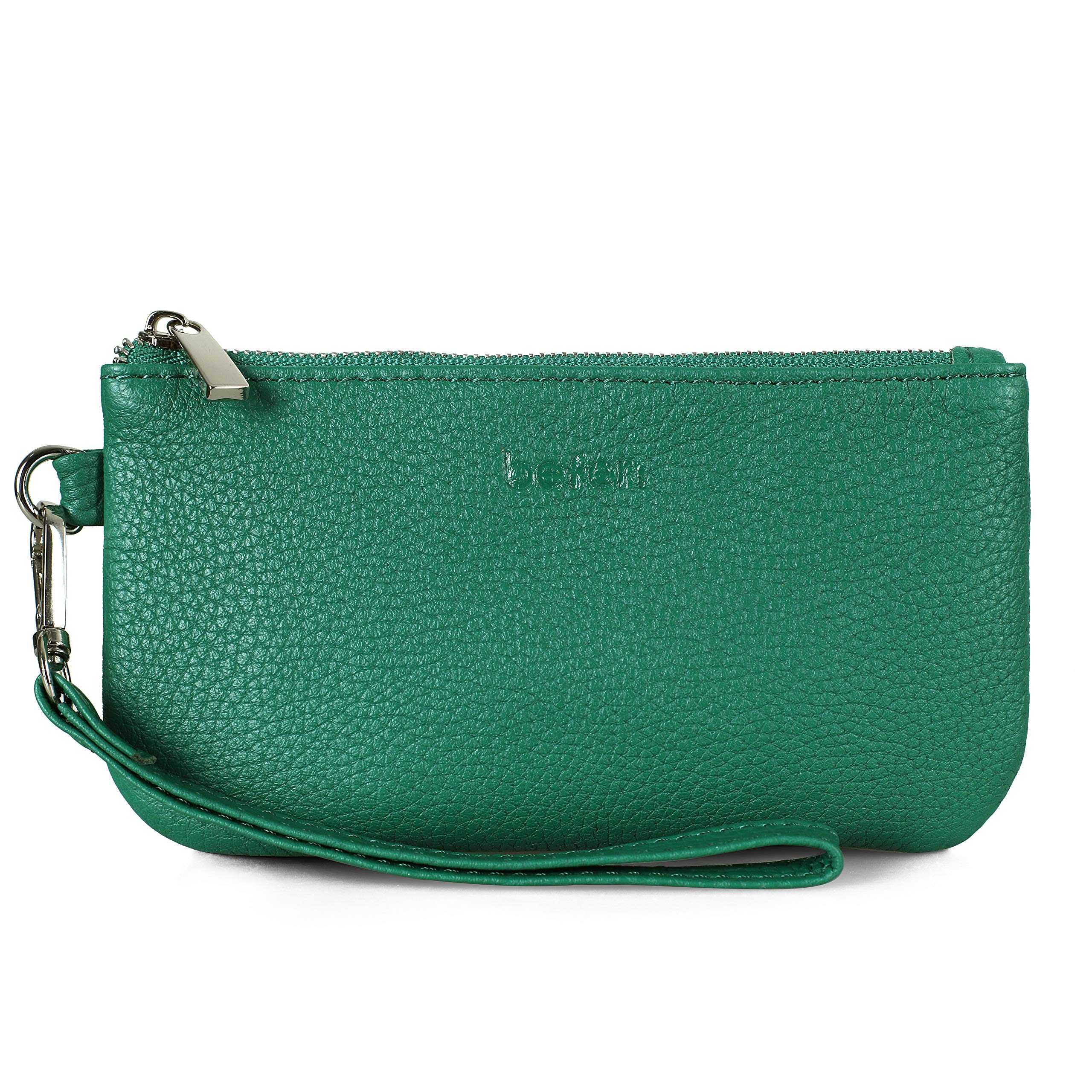 befen Genuine Leather Coin Purse for Women, Small Black Change Purse Womens Small Zipper Wristlet Wallet, Wristlet Money Bag Mini Coin Pouch with Removable Wrist Strap, Green