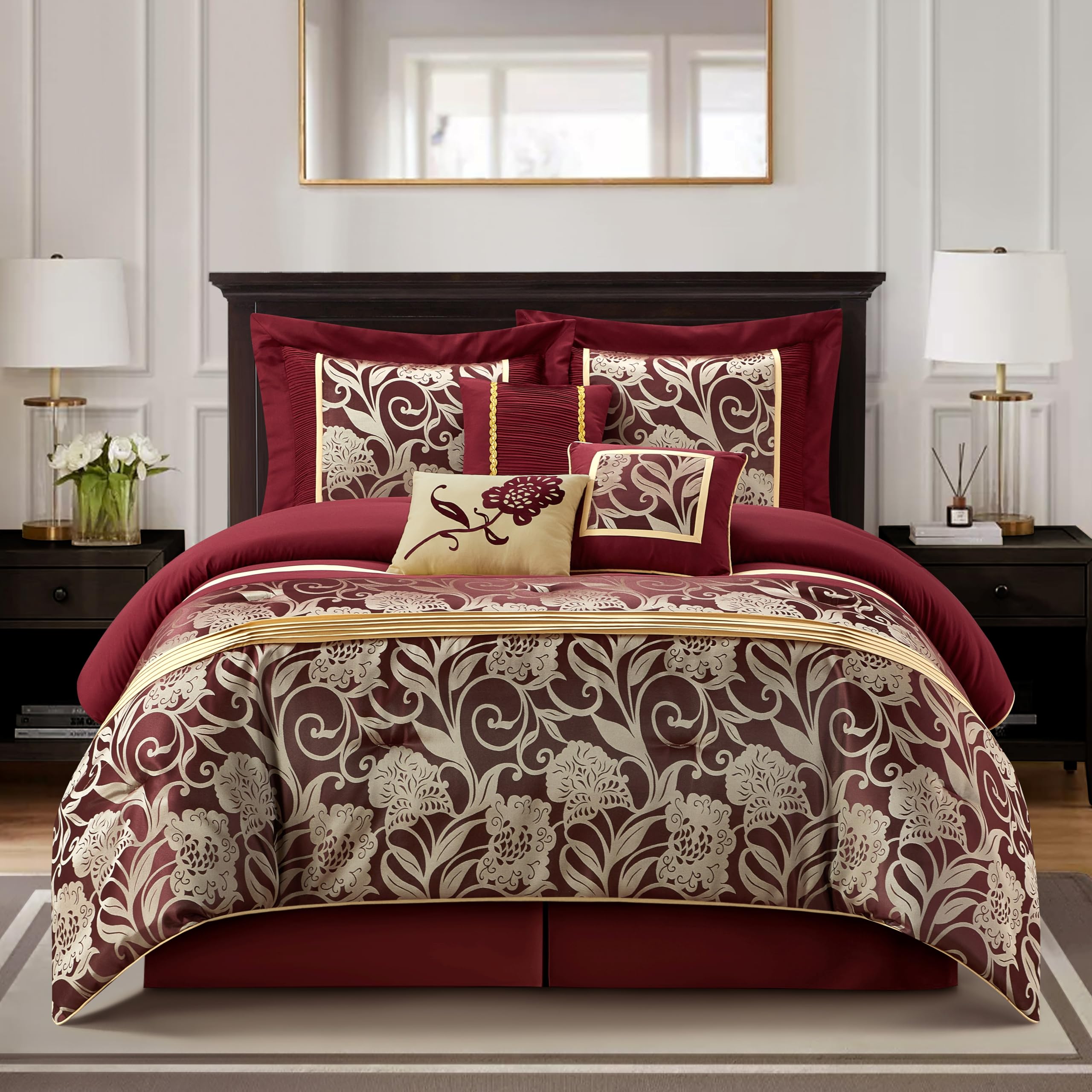 Stratford Park Jacquard 7-Piece Comforter Bedding Set, Red, California King, Floral Bedding Set, Matching Bedskirt, Pillows & Shams
