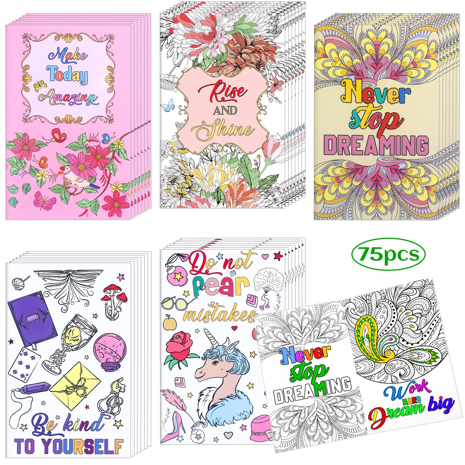 Eaasty 75 Pcs Mini Adult Coloring Books Bulk Mandala Activity Books with Positive Quote Motivational Inspirational Coloring Gifts for Kids Adults Stress Relieving Holiday Party Favors Back to School