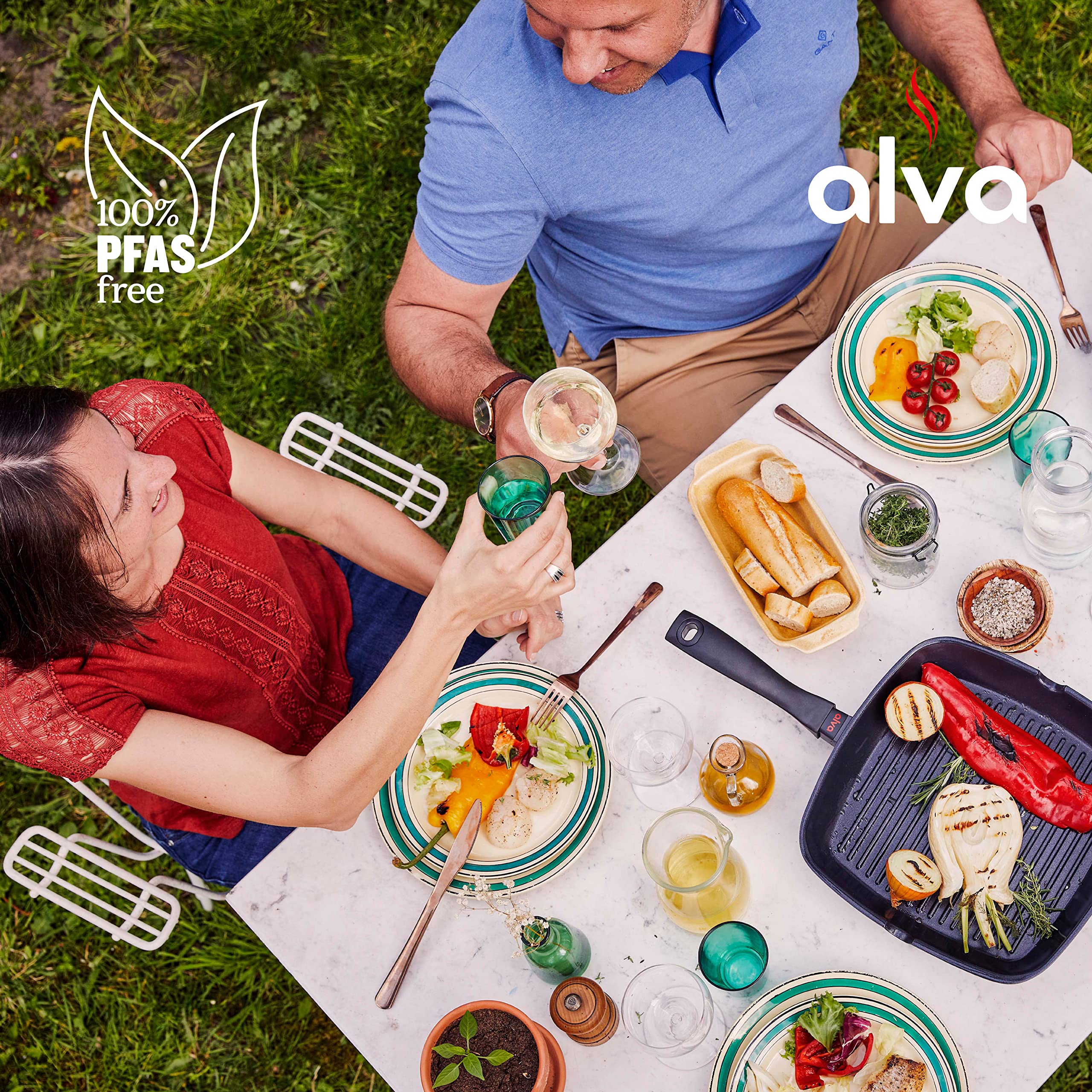 Alva Energy 11 Inch Ceramic Coated Cast Aluminum Grill Pan Nonstick Easy Clean Even Heating with Grill Marks Fat Drainage Lightweight Sturdy Indoor Oven Induction Cooking Stay Cool Balanced Handles