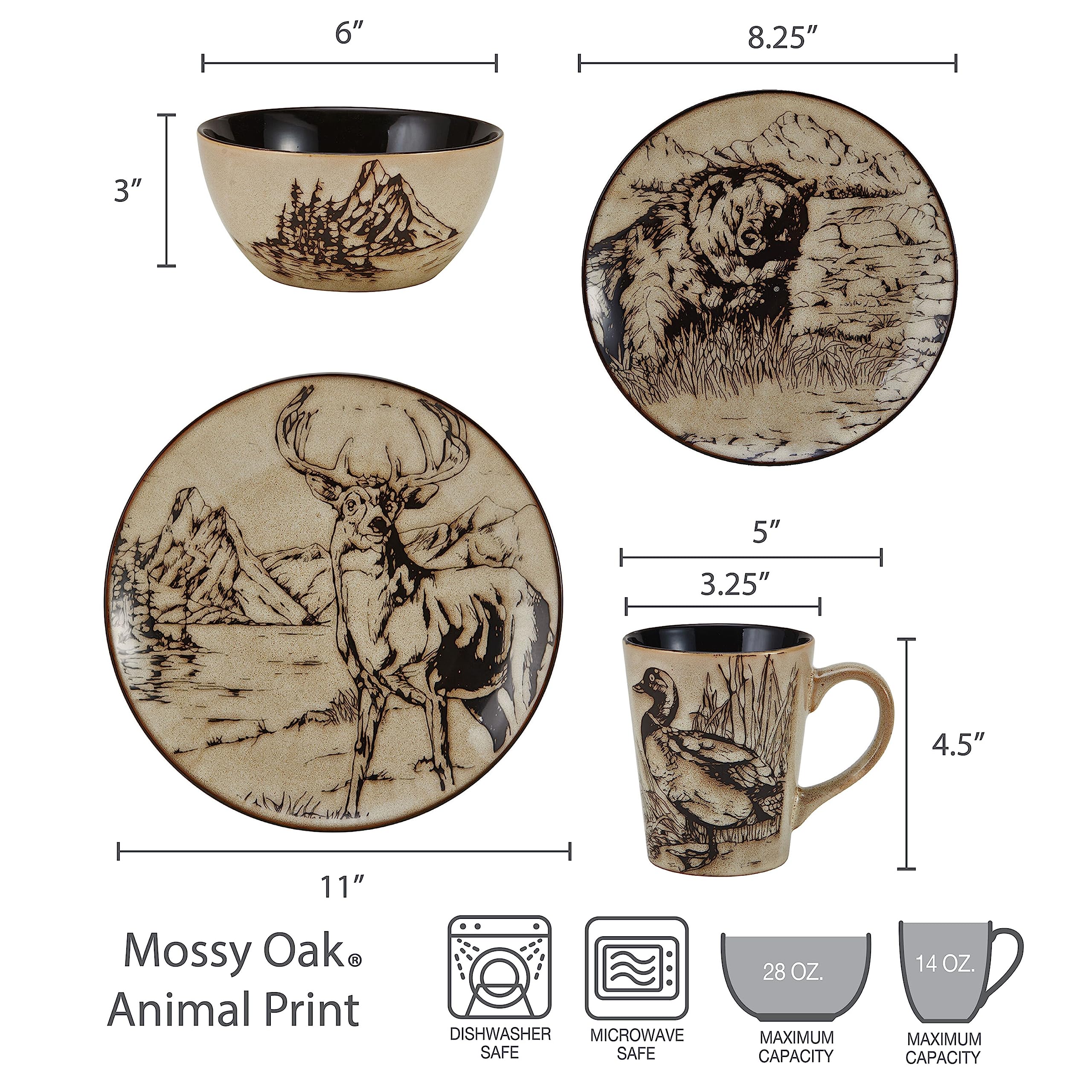 Mossy Oak Animal Print 16 Piece Dinnerware Set, Black and Beige