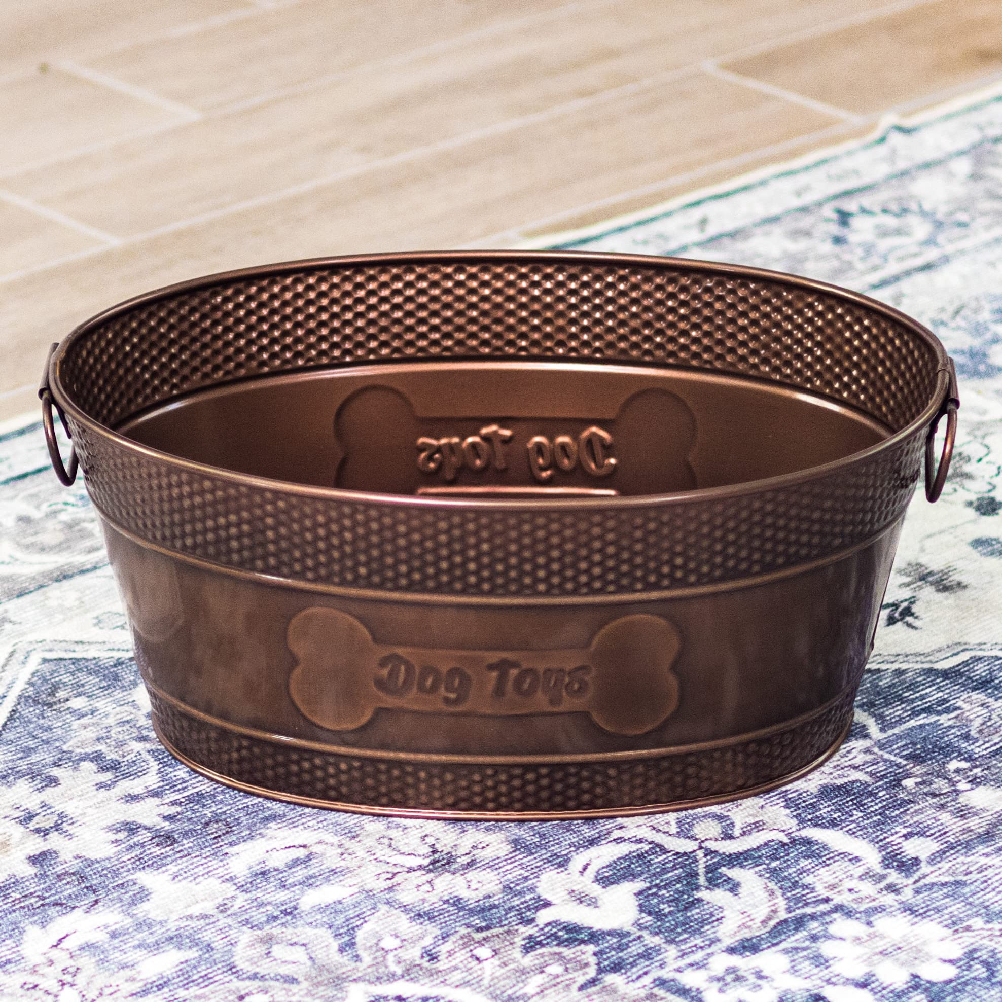 Indestructible Metal Dog Toy Bin - Copper Galvanized Storage Bin with Handles, Dog Toy Box for Dog Chew Toys, Blankets, & Leashes, Dog Bone Design Pet Toy Box (15-Quart)