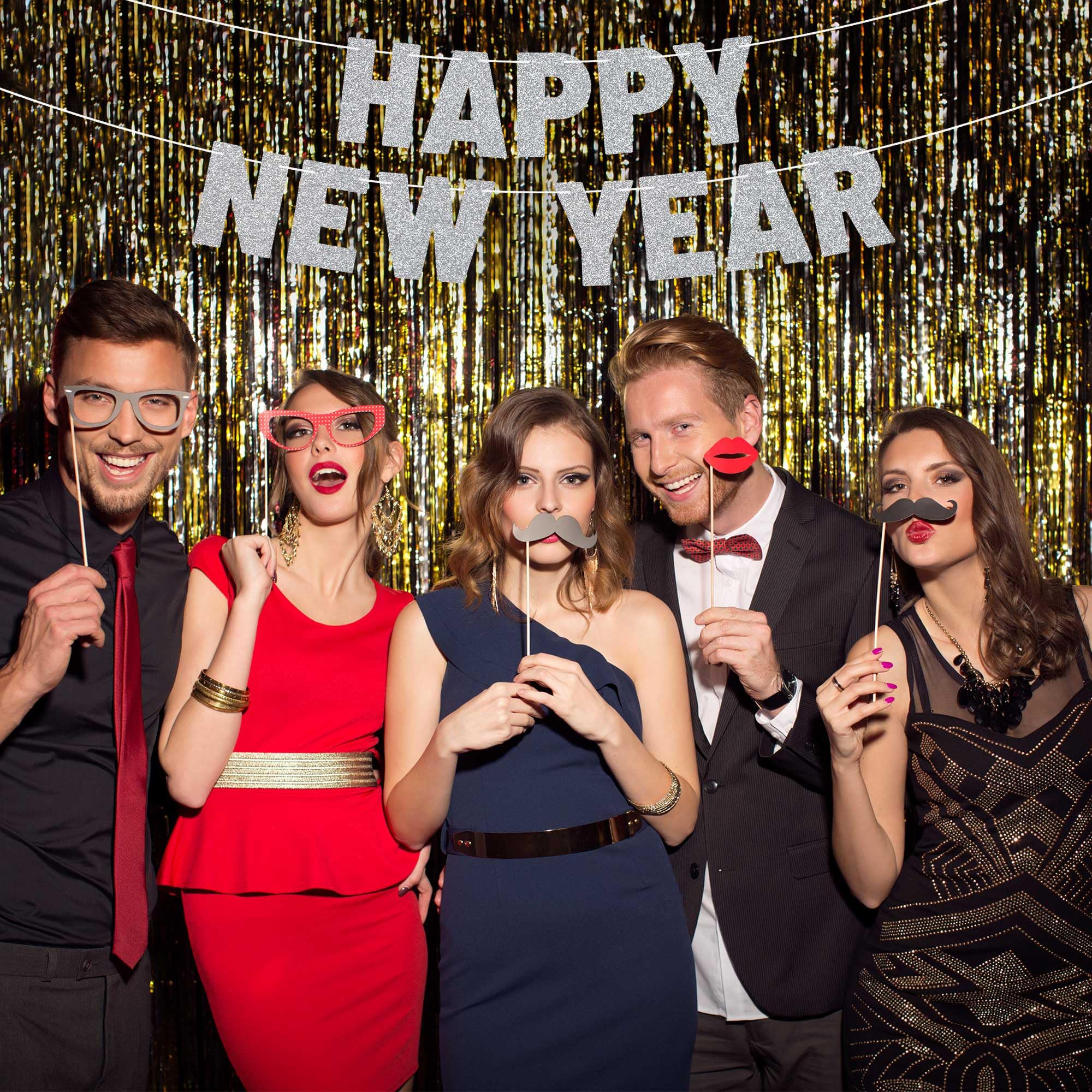 Pre-Strung Happy New Year Banner - NO DIY - Silver Glitter New Years Eve Party Banner - Pre-Strung Garland on 8 ft Strands - Silver 2025 New Years Eve Party Supplies, Decorations & Decor. Did we mention no DIY?