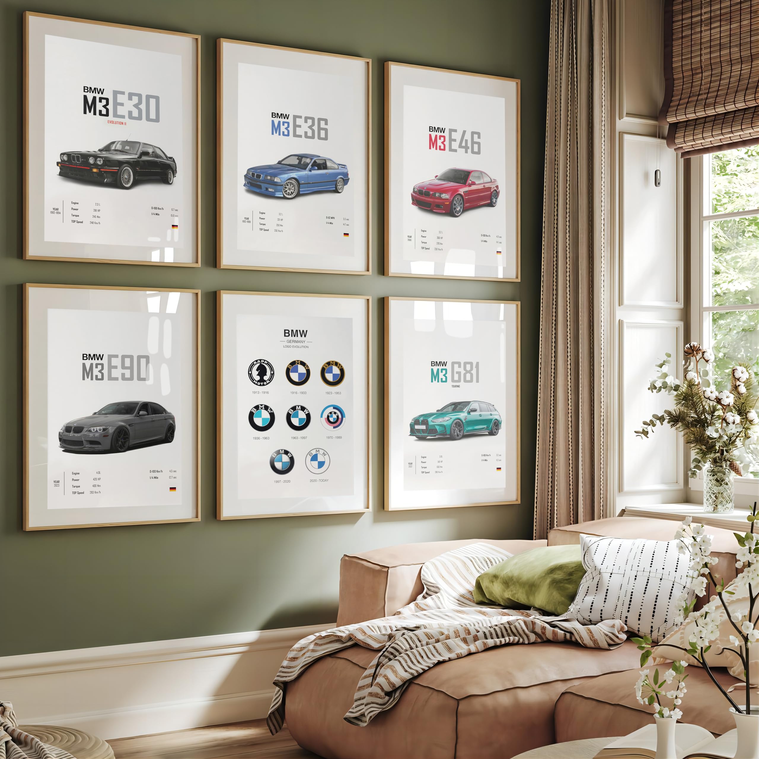 XUPUE BMW M3 Collection Posters 6PCS BMW E30 E36 E46 E90 G81 Posters For Boys Bedroom Men Cave Car Aesthetics Poster(Unframe,8x12inch,6 PCS)