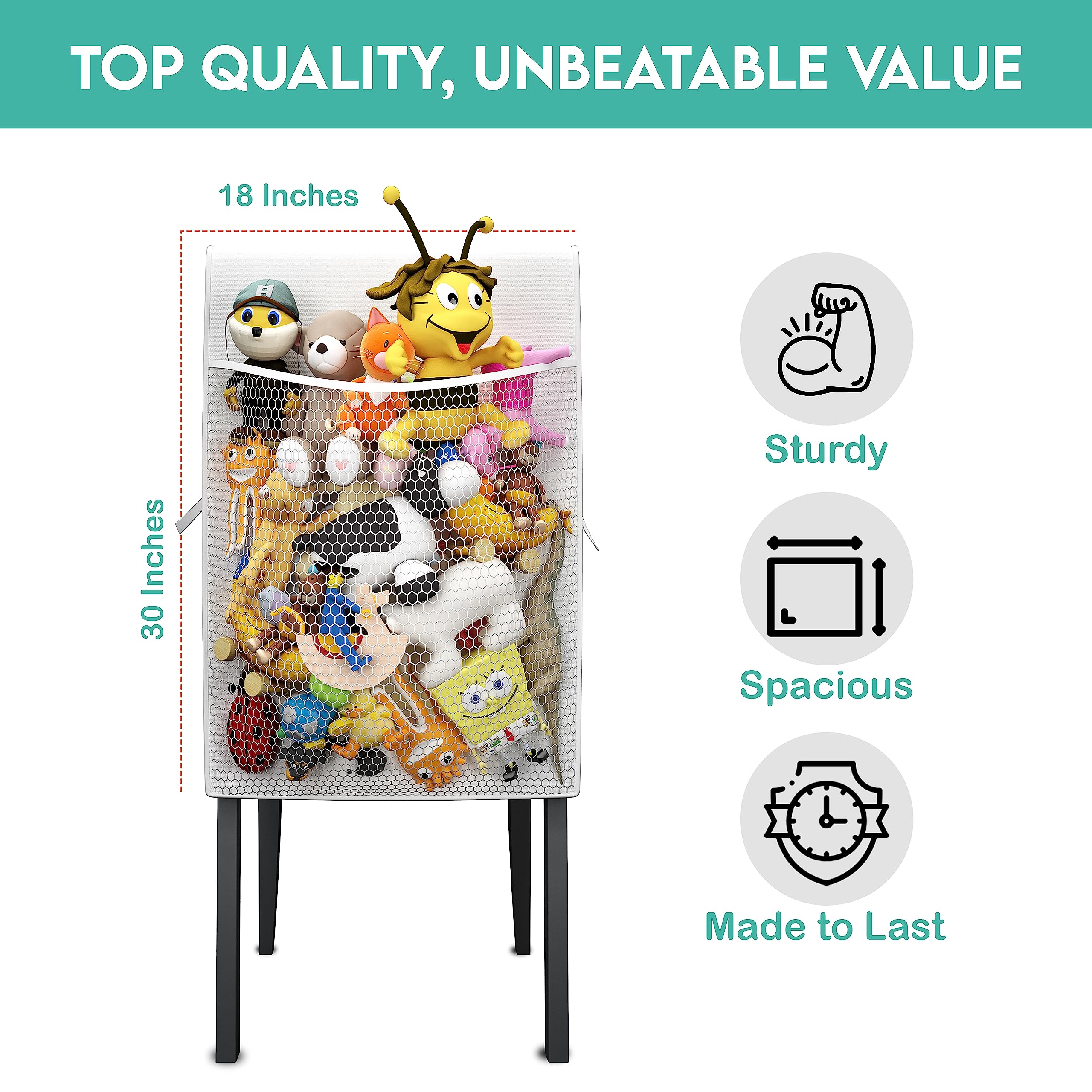 Stuffed Animal Storage Pocket for kids chair, Net & Hammock Holder: Perfect Toy Hammock Organizer for All Plushie & Large Hanging Corner Ideas and Plush Animals Stuff, Stuffed Animal Holder, White