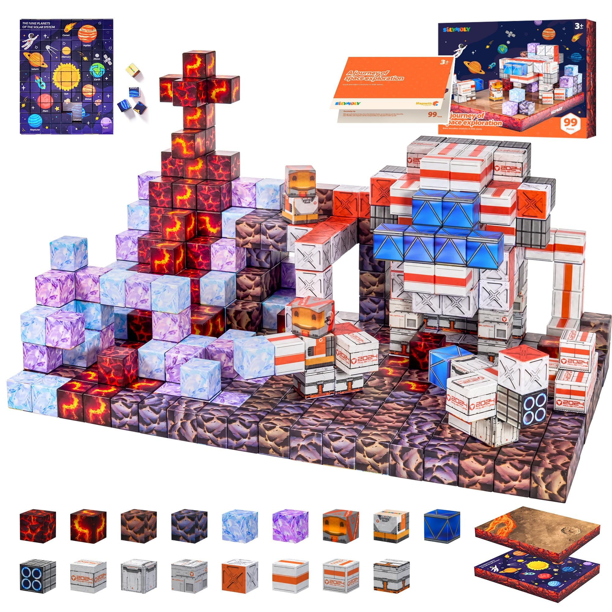 Magnetic Blocks 1.2 inches Space Exploration Editon Build Mine Magnet World Set STEM Building Toy Sensory Gift for Kids Toddler Toys for Boys Girls 3+ 4+ 5+ 3D puzzle Magnetic block 3.85 pounds 99pcs