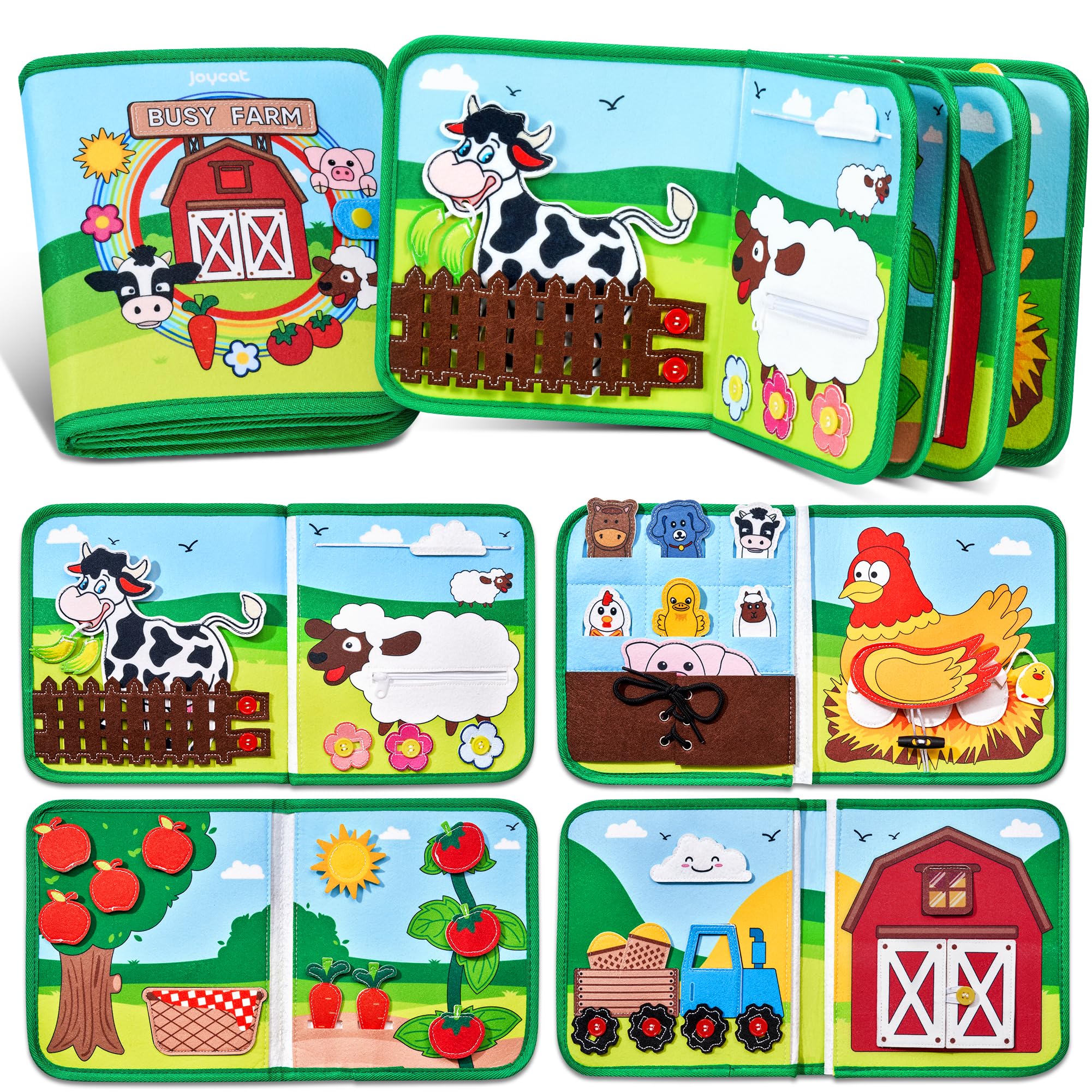 JoyCat Farm Animal Busy Book for Toddlers Montessori Busy Board for 1 2 3 4 Year Old Boy Girl Birthday Gift - Quiet Activity Book with Life Skills, Cognition, Sorting, Matching - Autism Sensory Toy