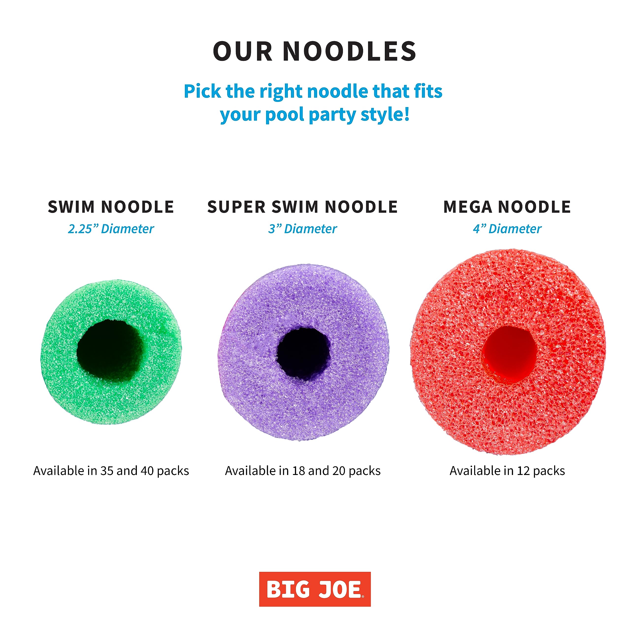 Big Joe Swim Noodle 40 Pack Pool Noodles, Assorted Coral, Purple, Yellow Foam, 4 feet, 50" L x 2" W x 2" H Each