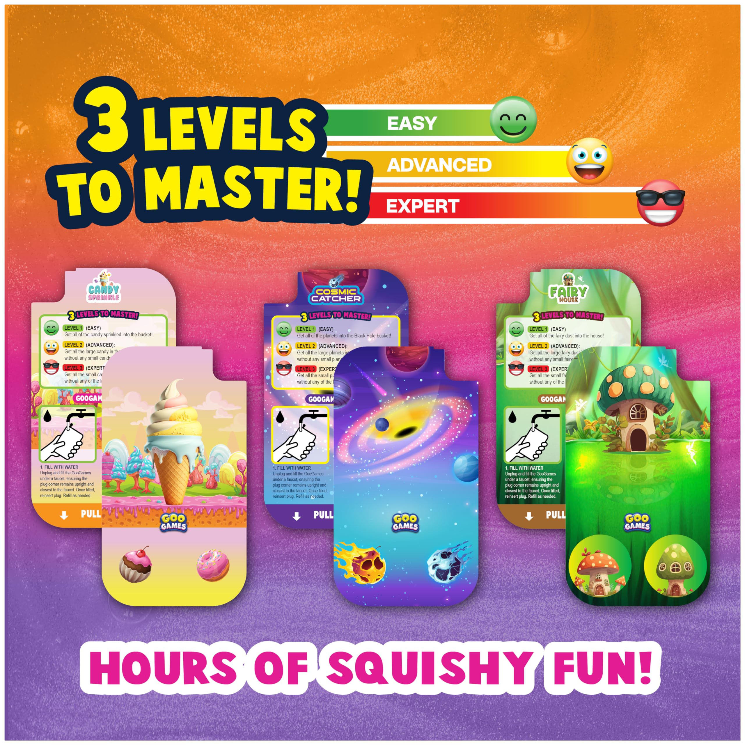 GooGames, Hand-Held Water Games with Floating Treasures, Sensory Fidget Game Adventures, Non-Toxic, No-Mess, Mesmerizing Glitter Fun, 3 Game Cards Included, Refillable, Perfect Travel Toy! (Candies)