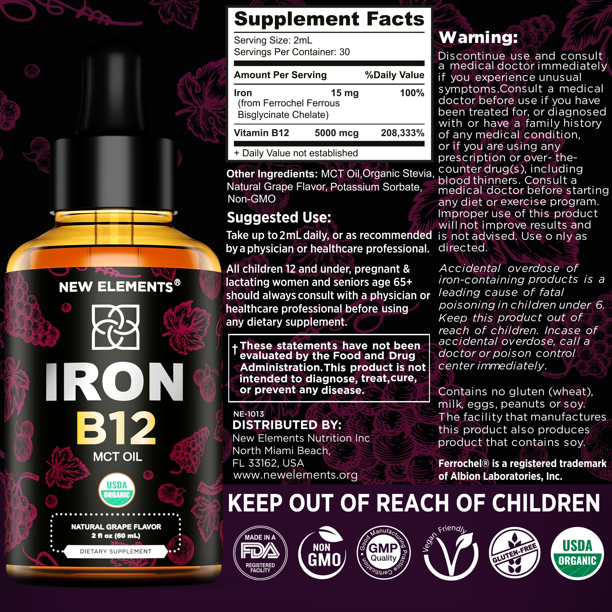 Liquid Iron Supplement for Women & Men with Vitamin B12 5000mcg - Free Blood Builder for Anemia - Liquid Vitamin B12 Drops for Adults with MCT Oil, Natural Grape Flavor, 2 Fl Oz