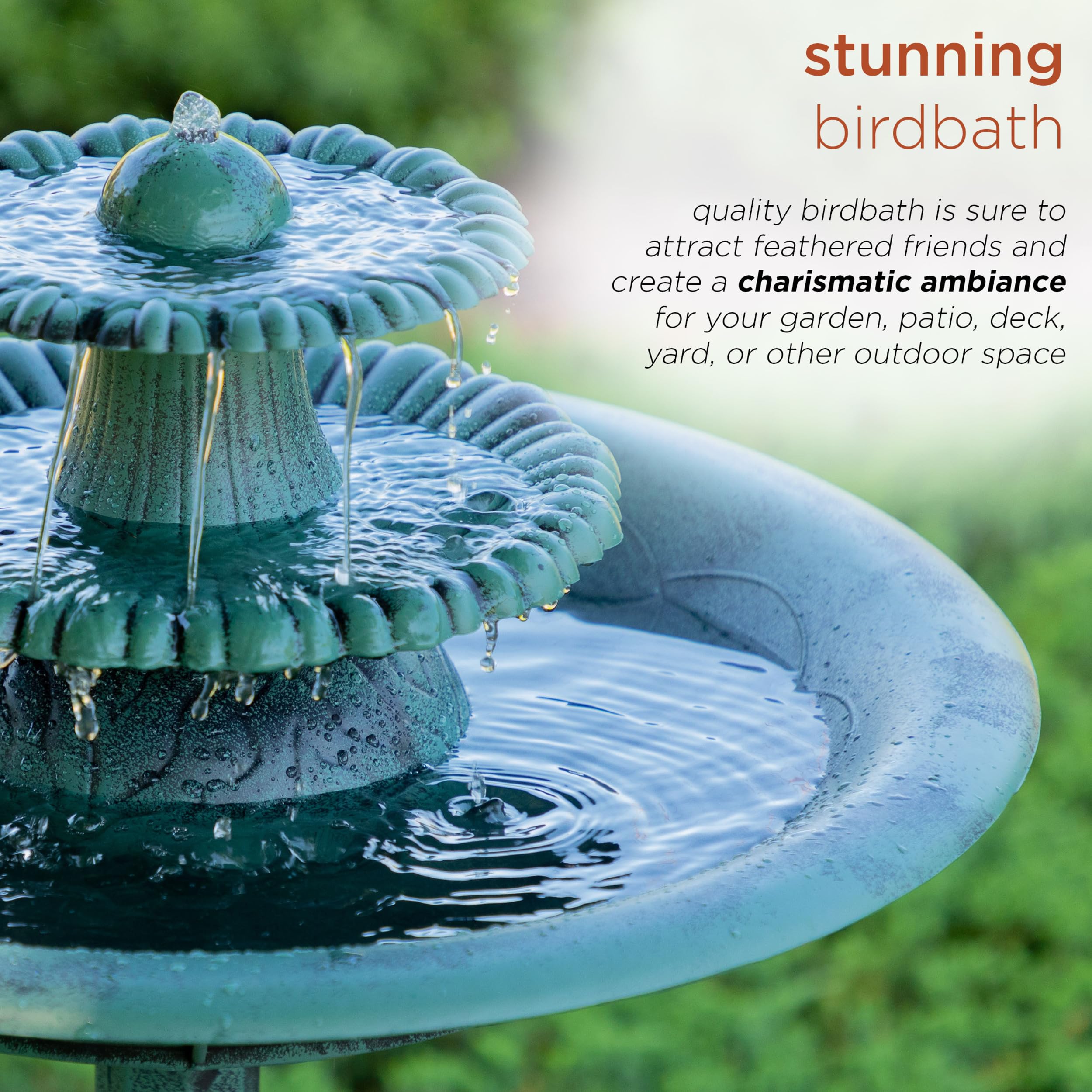 Alpine Corporation - TEC106 Outdoor Floor 3-Tiered Pedestal Water Fountain and Birdbath, Pedestal Waterfall Fountain, 35", Green - Relaxing Water Feature for Garden, Patio, Deck, or Yard