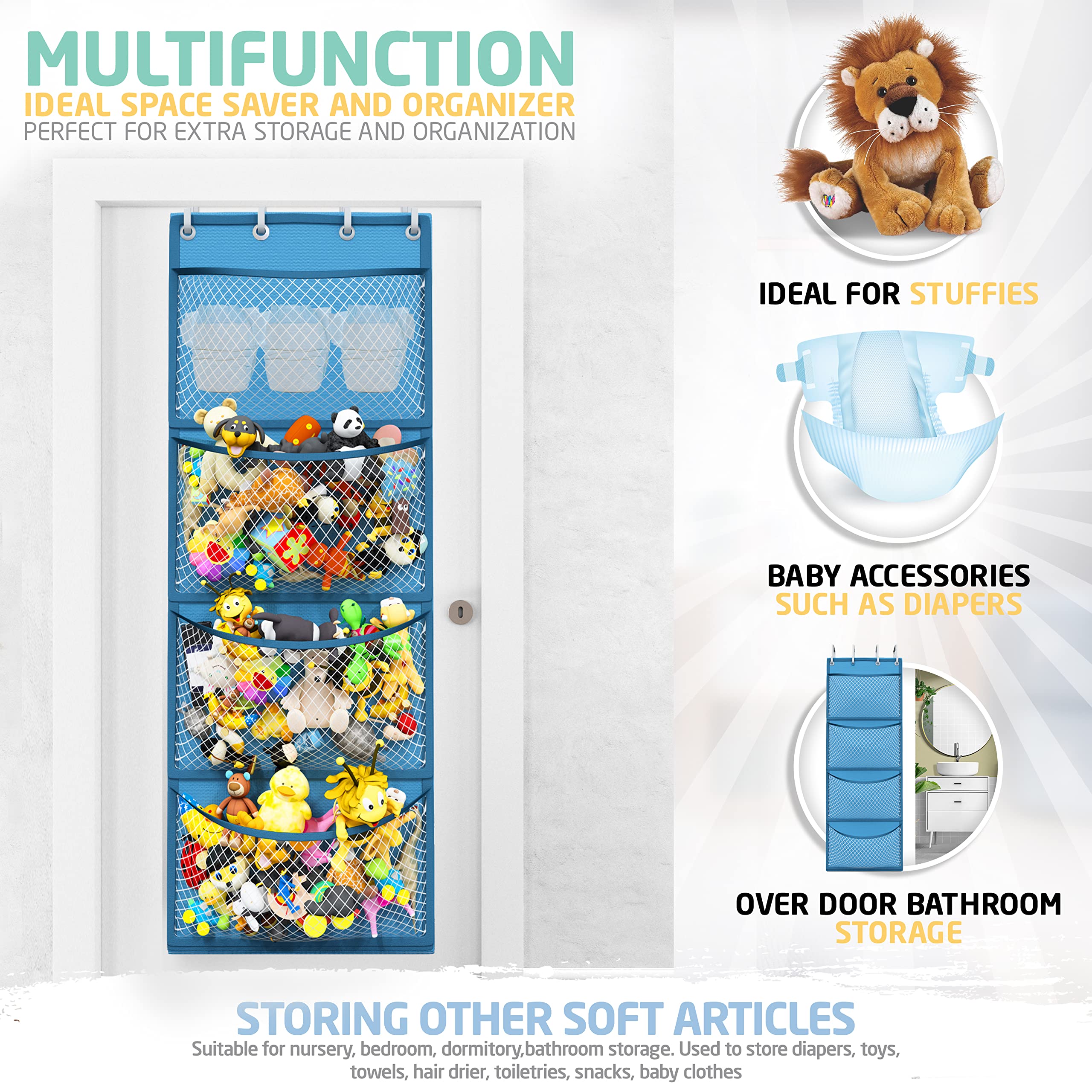 Honeyera Complete Plush & Toy Storage Bundle Blue Stuffed Animal Organizer & Squishmallow Holder – Quick Install, Perfect for Small Spaces