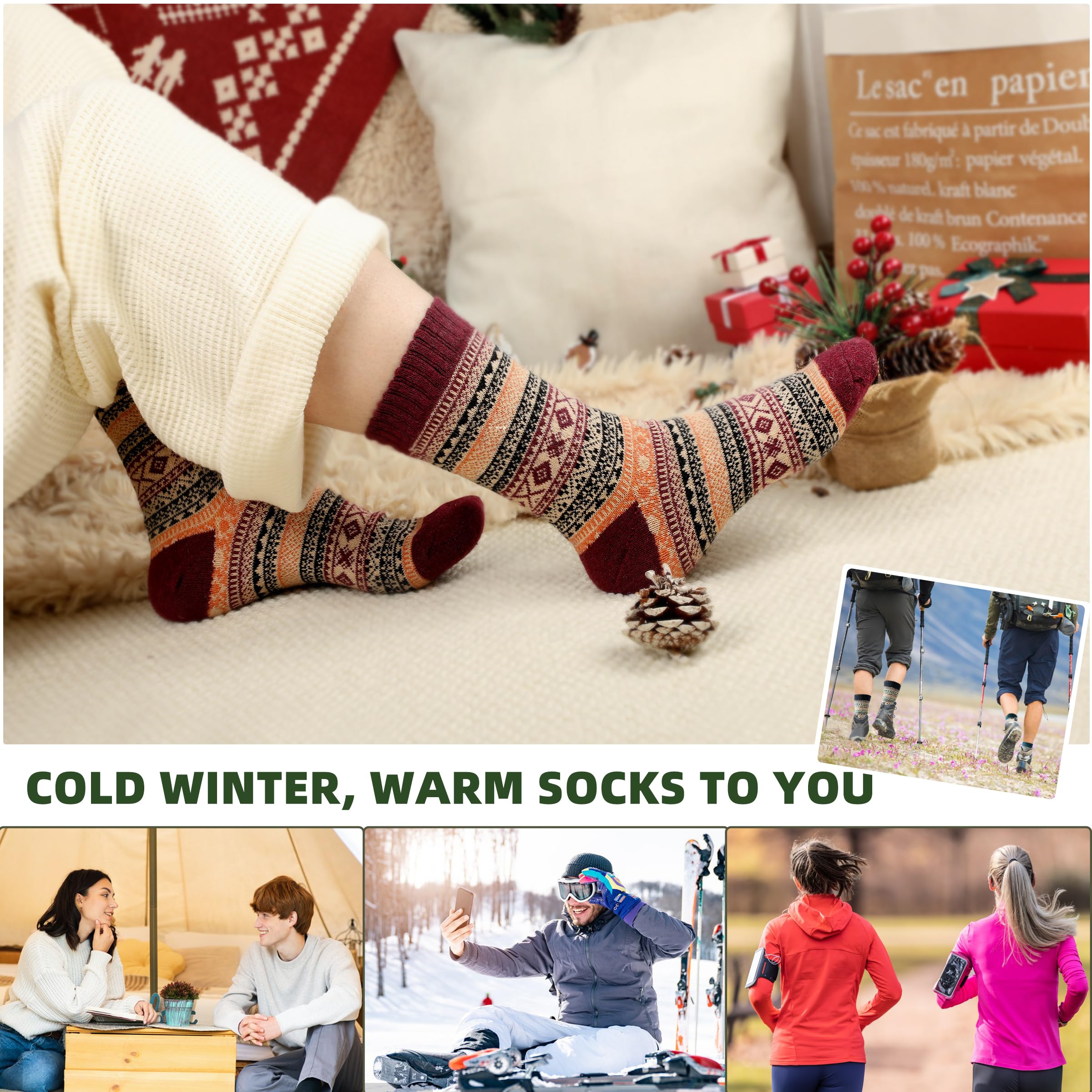 LWWTBS Womens Wool Socks 5 Pairs Warm Winter Socks Knit Wool Socks Soft Vintage Casual Crew Socks Gifts for Women Men (Mul-1)