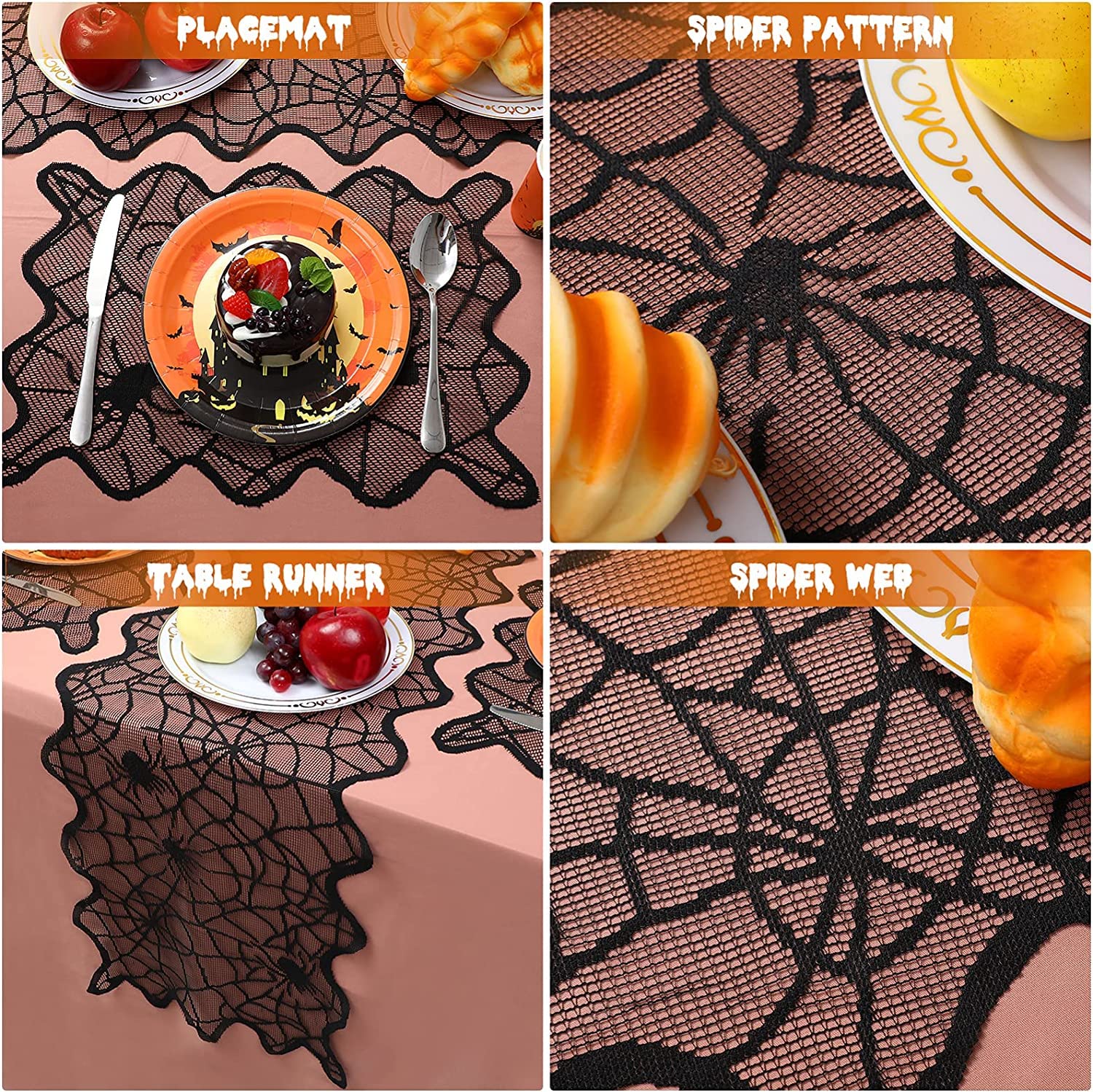 HIPIHOM 7Pcs Halloween Lace Tablecloth Set Spiderweb Fireplace Mantle Scarf Round Table Runner Placemats for Halloween Party Supply