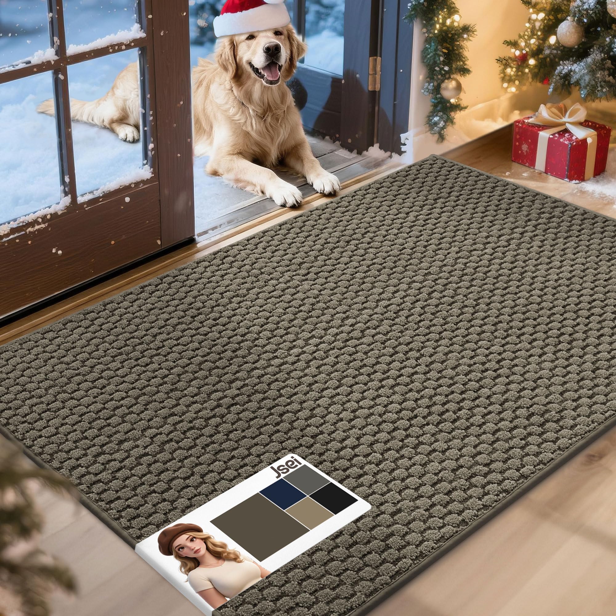 JSEI Dirt Trapper Door Mat 32"x48", Non-Slip Entryway Rugs Doormat Indoor, Washable Absorbent and Stain Resist Welcome Floor Mat for Front Door, Dog Door Mat, Muddy Wet Shoes & Paws, Greyish Brown