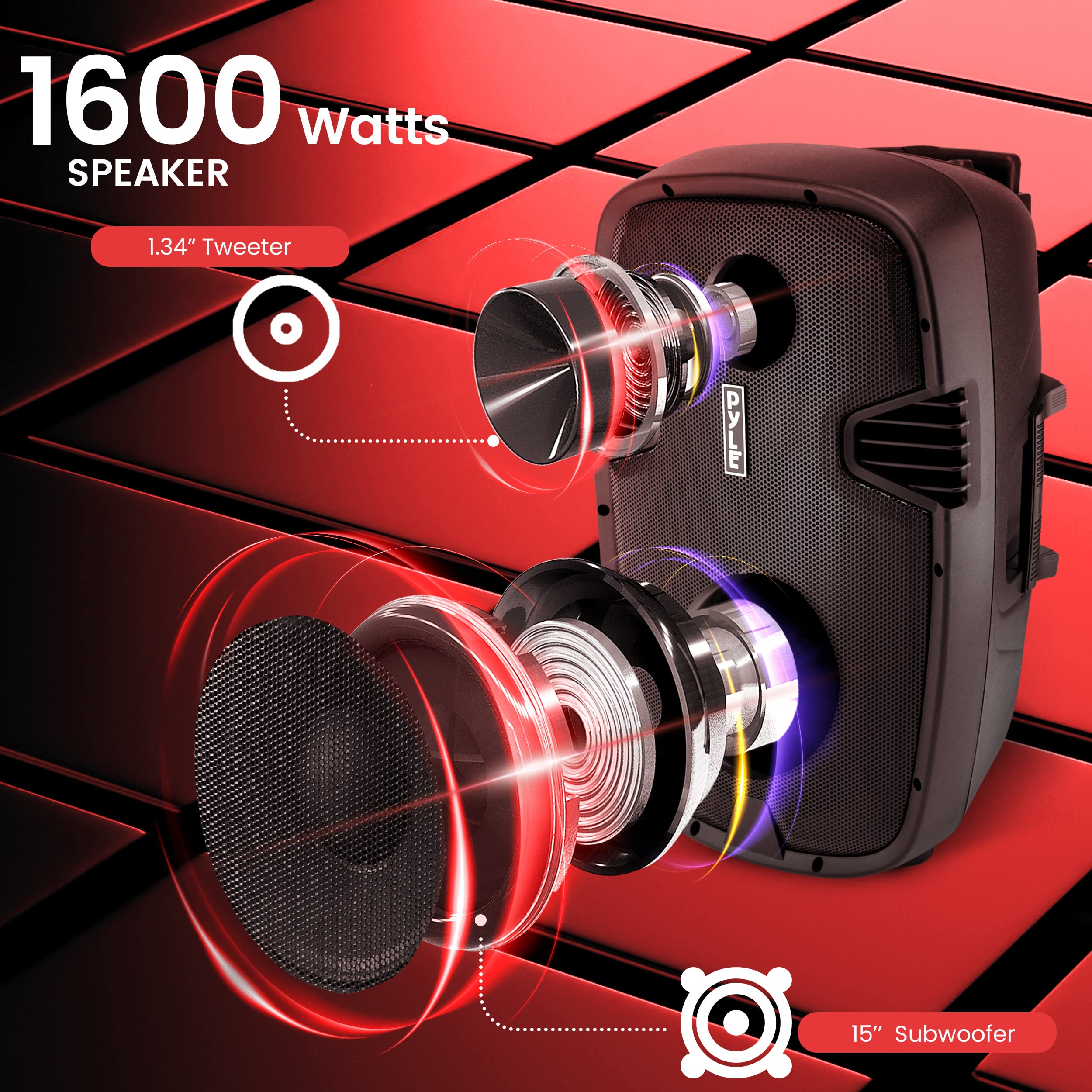 Pyle 1600 Watt, 15" Bluetooth PA Speaker-Indoor/Outdoor Portable Sound System with (2) UHF Wireless Microphones Rechargeable Battery, Audio Recording, USB/SD Readers, FM Radio (PPHP1535WMU),Black