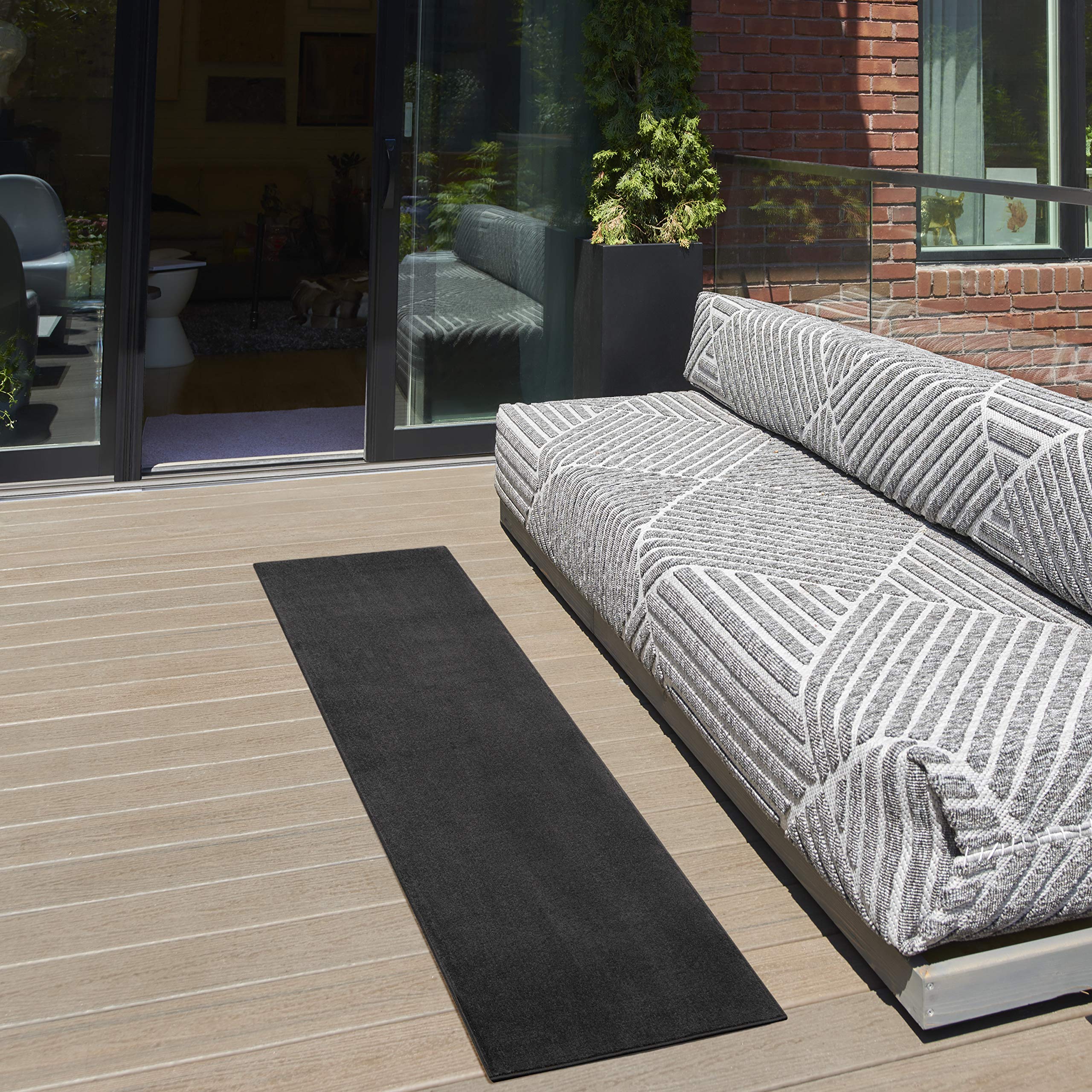 Nourison Essentials Indoor/Outdoor Black 2'2" x 7'6" Area Rug, Easy Cleaning, Non Shedding, Bed Room, Living Room, Dining Room, Backyard, Deck, Patio (2x8)